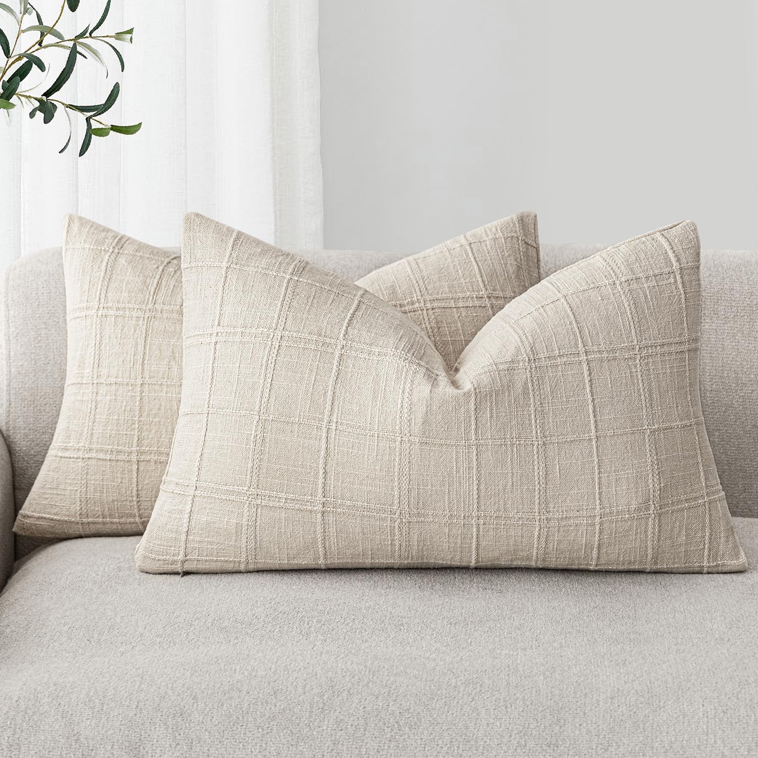 Foindtower Set of 2 Decorative Linen Check Throw Pillow Covers Neutral Farmhouse Vintage Cushion Covers Modern Boho Home Decor for Sofa Chair Couch Bedroom Living Room,18×18 Inch,Natural Beige