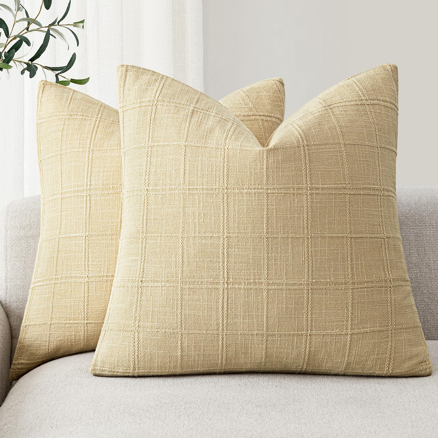 Foindtower Set of 2 Decorative Linen Check Throw Pillow Covers Neutral Farmhouse Vintage Cushion Covers Modern Boho Home Decor for Sofa Chair Couch Bedroom Living Room,18×18 Inch,Natural Beige