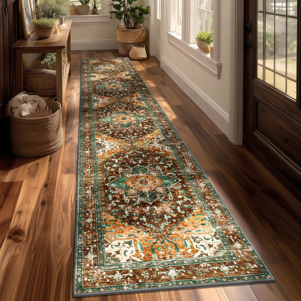 Yamaziot Washable Runner Rug, 2x8 Non-Slip Boho Vintage Hallway Rug Runner with Rubber Backing, Stain Resistant & Low Pile Faux Wool Distressed Carpet Runner for Bedroom, Kitchen, Laundry, Entrance