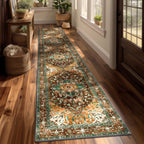 Yamaziot Washable Runner Rug, 2x8 Non-Slip Boho Vintage Hallway Rug Runner with Rubber Backing, Stain Resistant & Low Pile Faux Wool Distressed Carpet Runner for Bedroom, Kitchen, Laundry, Entrance