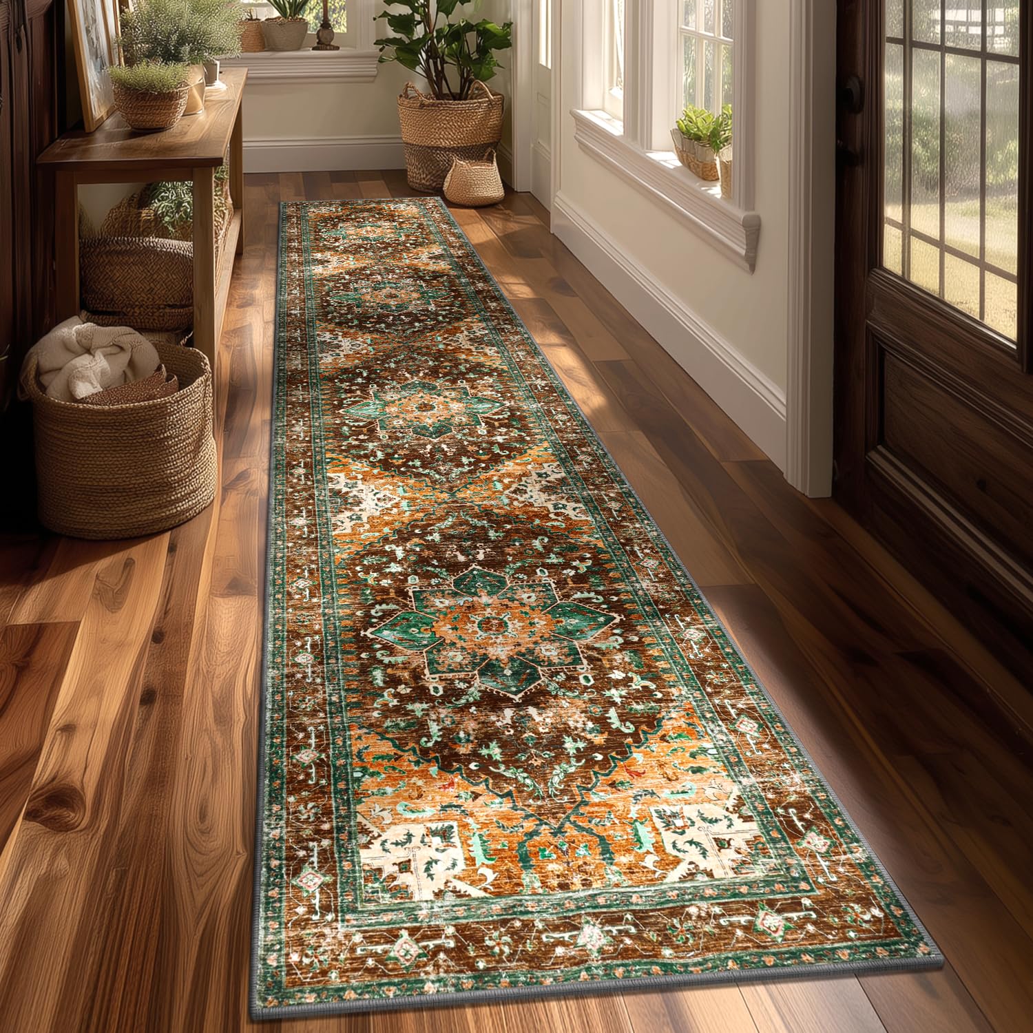 Yamaziot Washable Runner Rug, 2x8 Non-Slip Boho Vintage Hallway Rug Runner with Rubber Backing, Stain Resistant & Low Pile Faux Wool Distressed Carpet Runner for Bedroom, Kitchen, Laundry, Entrance