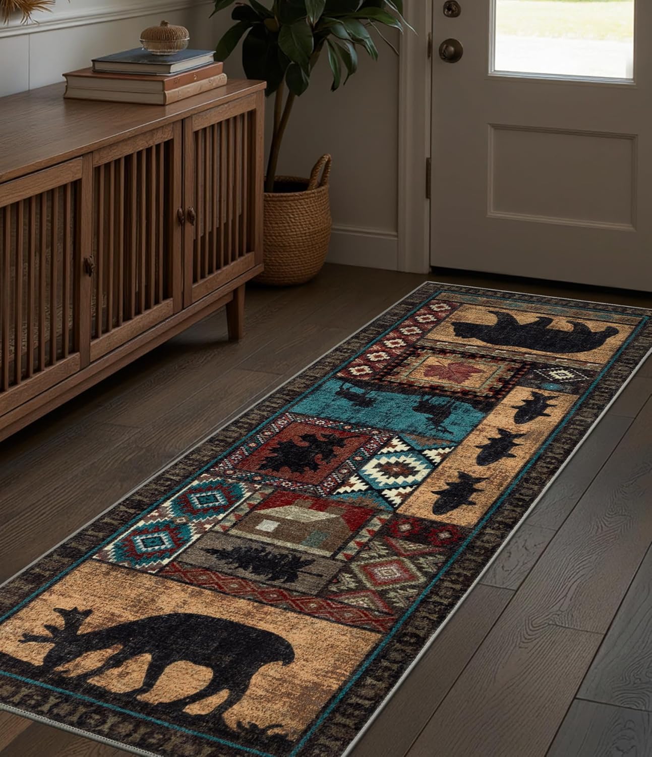 Hallway Runner Rug 2x6 Indoor Door Mat - Bear Rustic Cabin Non-Slip Entryway Rug, Low Pile Tribal Print for Kitchen, Bedroom