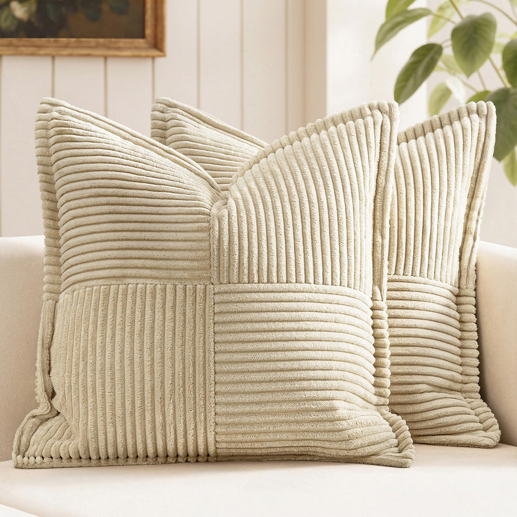 MIULEE Decorative Throw Pillow Covers for Couch Bed Livingroom 20x20 Inch Set of 2 Beige Boho Accent Throw Pllows Broadside Striped Patchwork Soft Corduroy Pillowcases