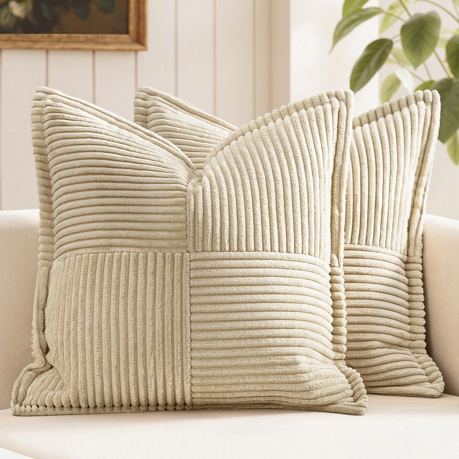 MIULEE Decorative Throw Pillow Covers for Couch Bed Livingroom 20x20 Inch Set of 2 Beige Boho Accent Throw Pllows Broadside Striped Patchwork Soft Corduroy Pillowcases