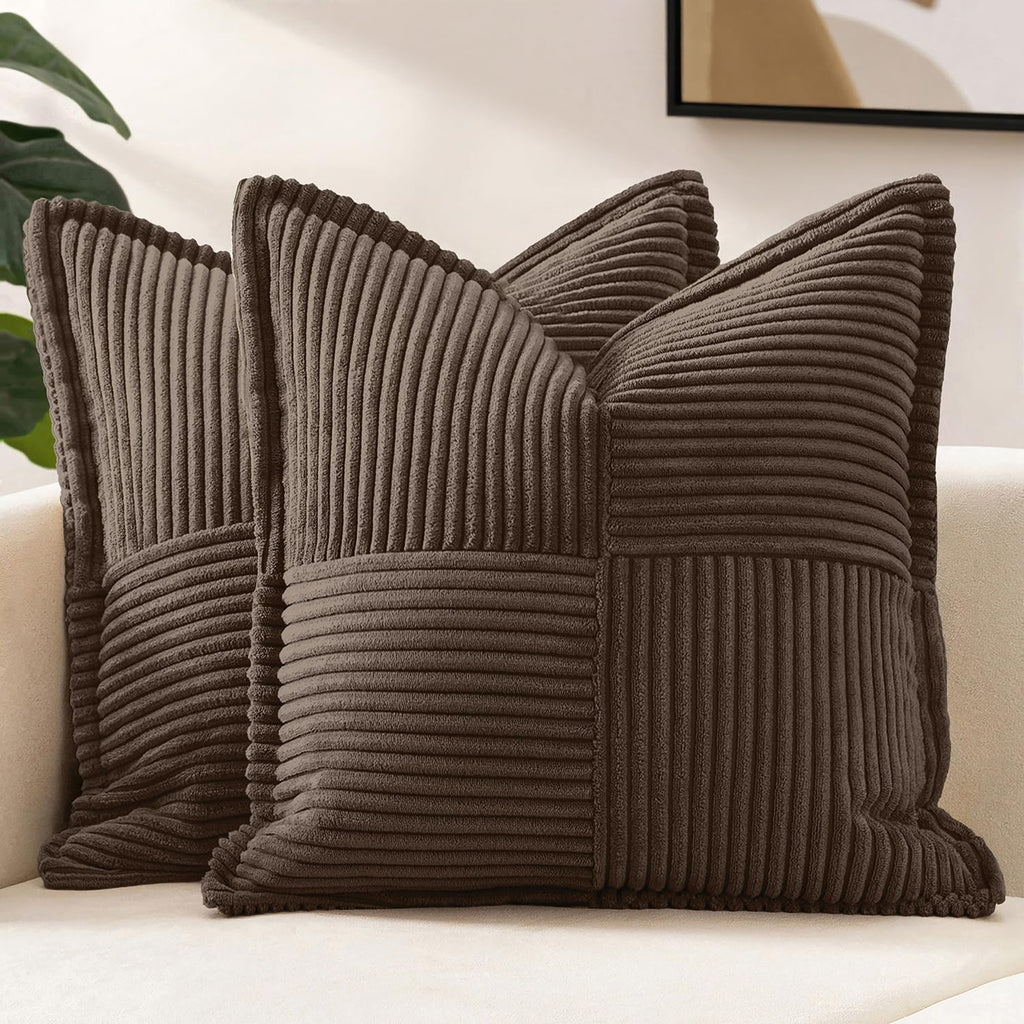 MIULEE Decorative Throw Pillow Covers for Couch Bed Livingroom 20x20 Inch Set of 2 Beige Boho Accent Throw Pllows Broadside Striped Patchwork Soft Corduroy Pillowcases