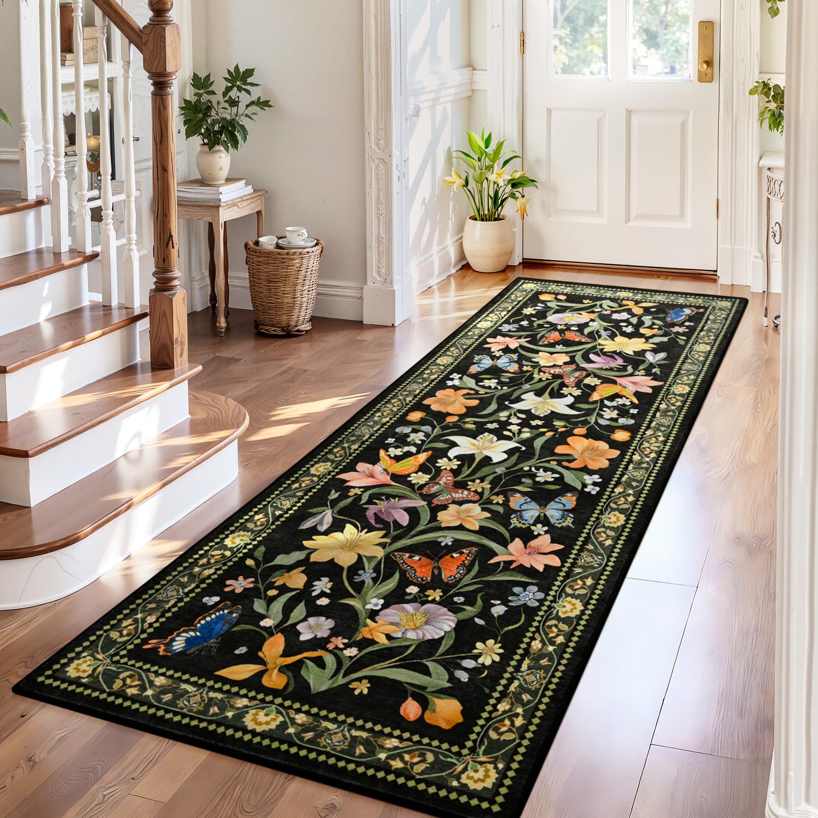 2x6 Washable Runners for Hallways Non Slip, Black Floral Kitchen Runner Rug with Rubber Backing, Vintage Carpet Runner for Entryway, Kitchen, Laundry, Bedroom, Bathroom