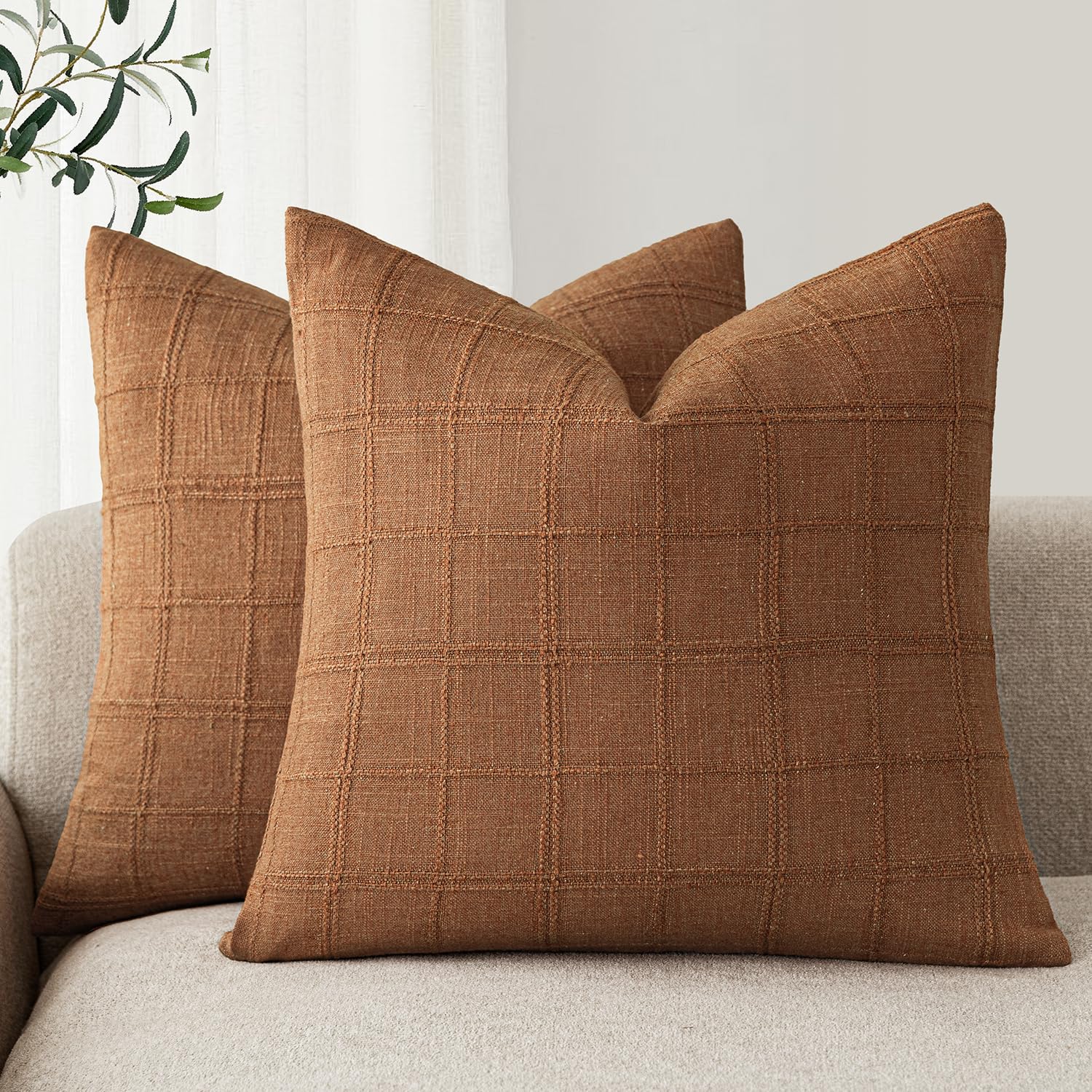 Foindtower Set of 2 Decorative Linen Check Throw Pillow Covers Neutral Farmhouse Vintage Cushion Covers Modern Boho Home Decor for Sofa Chair Couch Bedroom Living Room,18×18 Inch,Natural Beige