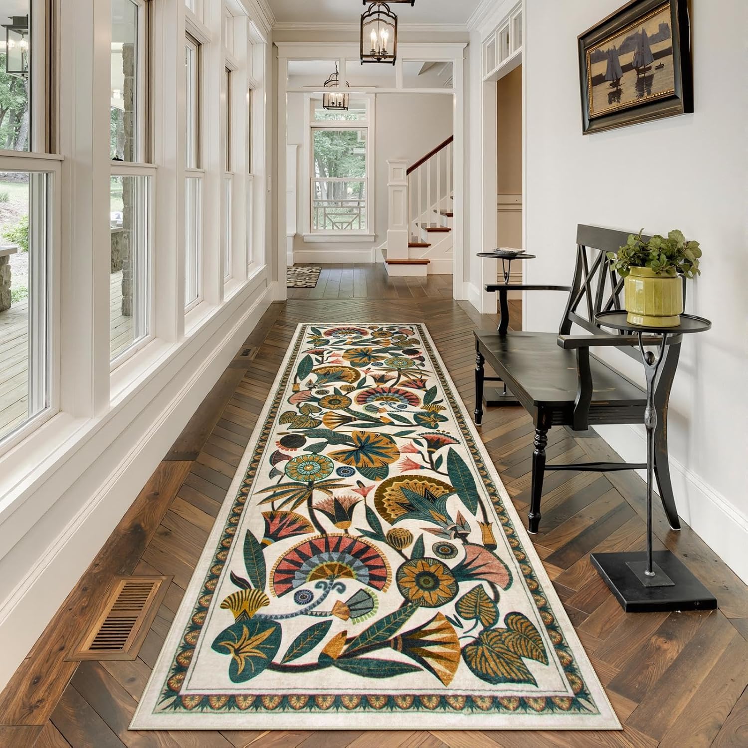 2'6''x8' Beige Egypt Floral Washable Non Slip Boho Runner Rug for Bathroom Kitchen Hallway Entryway Laundry Room