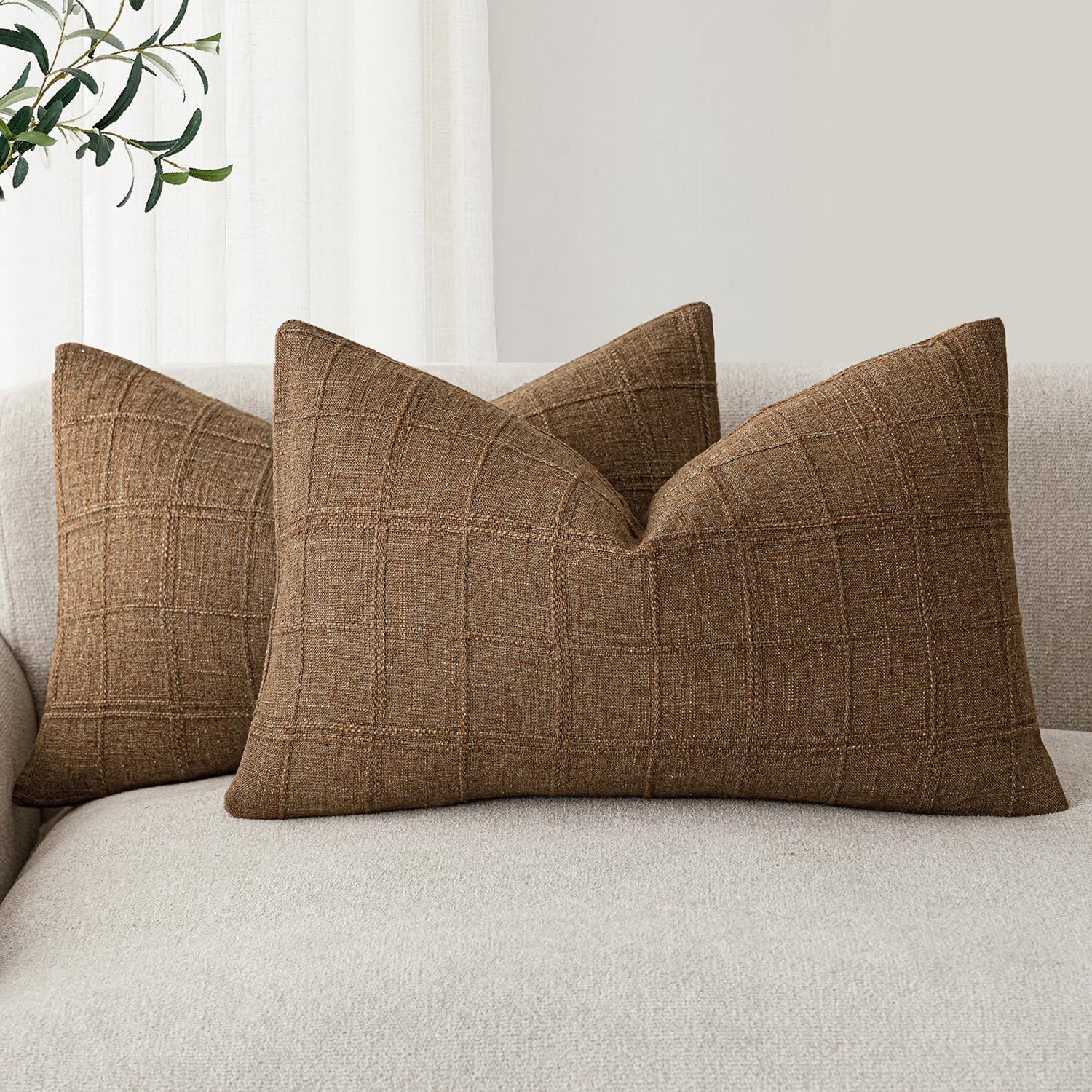 Foindtower Set of 2 Decorative Linen Check Throw Pillow Covers Neutral Farmhouse Vintage Cushion Covers Modern Boho Home Decor for Sofa Chair Couch Bedroom Living Room,18×18 Inch,Natural Beige