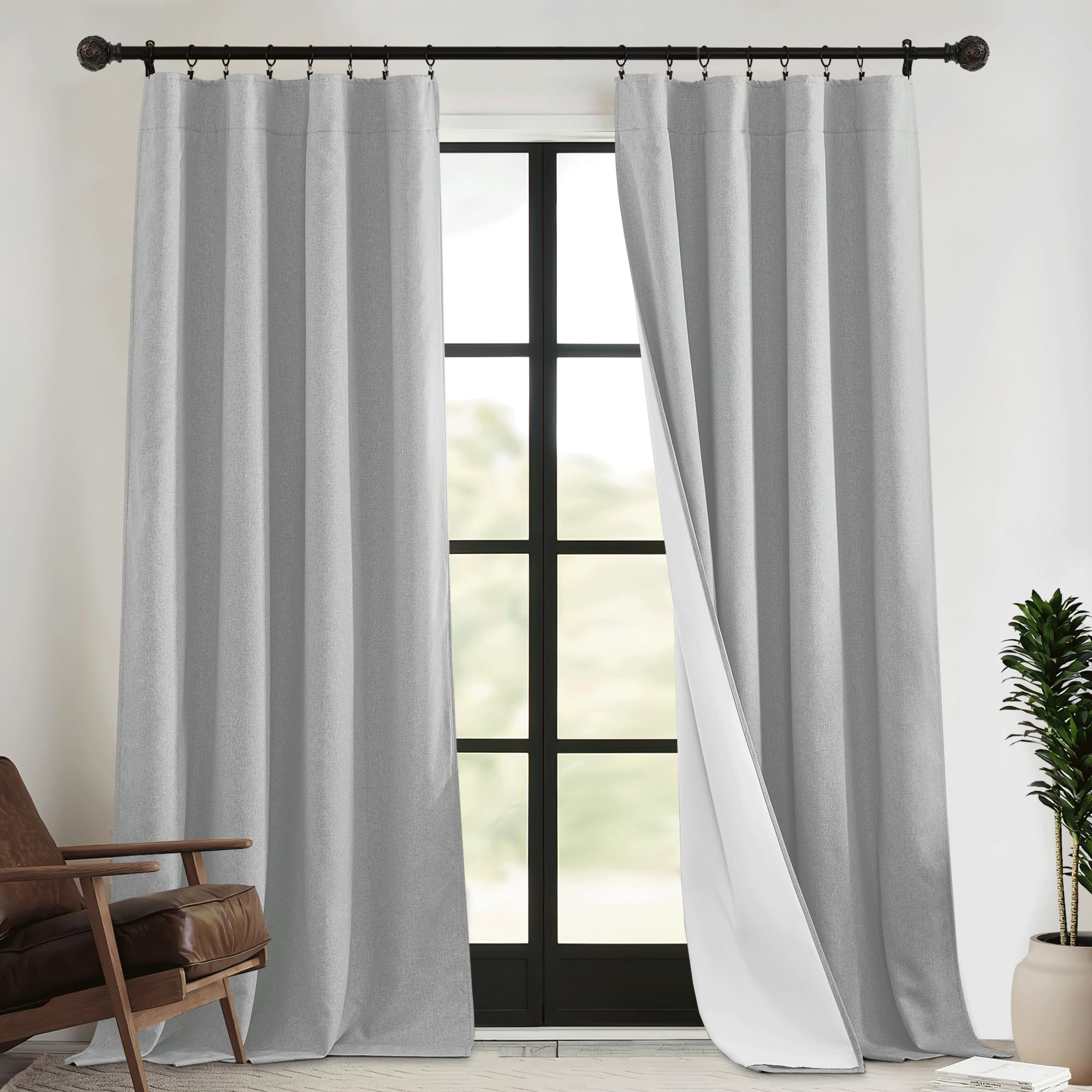 RYB HOME Dustproof Curtains for Large Window, Soundproof Thermal Insulated Blackout Curtains for Sliding Glass Door Furance Office Dorm Bedroom Living Room, Silver Grey, W62 x L95 inch, 2 Panels