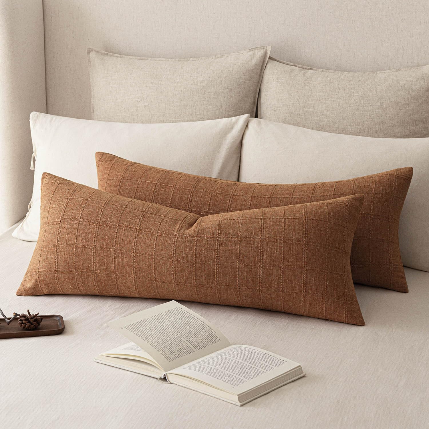 Foindtower Set of 2 Decorative Linen Check Throw Pillow Covers Neutral Farmhouse Vintage Cushion Covers Modern Boho Home Decor for Sofa Chair Couch Bedroom Living Room,18×18 Inch,Natural Beige
