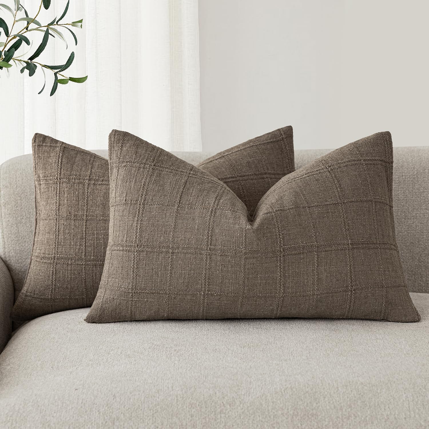 Foindtower Set of 2 Decorative Linen Check Throw Pillow Covers Neutral Farmhouse Vintage Cushion Covers Modern Boho Home Decor for Sofa Chair Couch Bedroom Living Room,18×18 Inch,Natural Beige