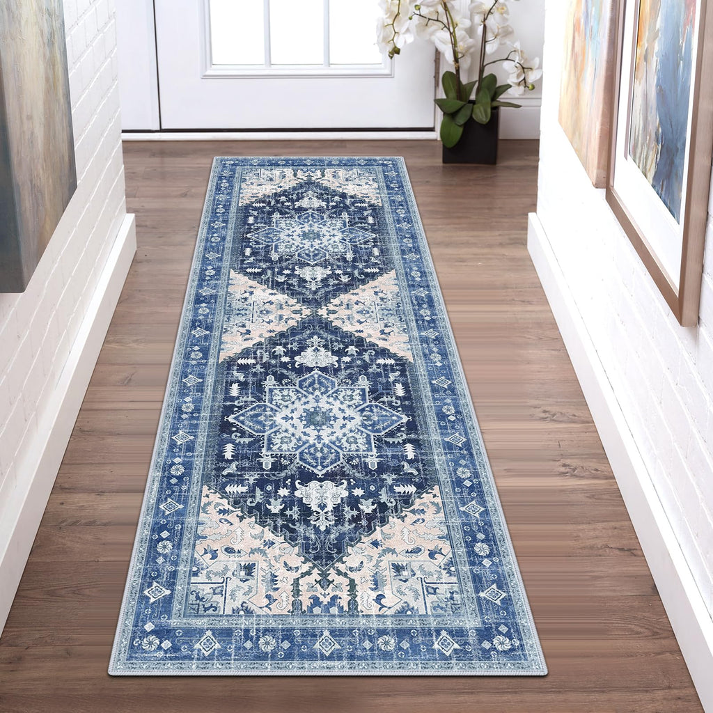 Yamaziot Washable Runner Rug, 2x8 Non-Slip Boho Vintage Hallway Rug Runner with Rubber Backing, Stain Resistant & Low Pile Faux Wool Distressed Carpet Runner for Bedroom, Kitchen, Laundry, Entrance
