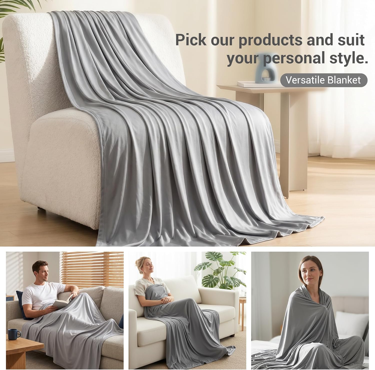 SheRest Silky Satin Cooling Blanket — A Lightweight, Breathable, and Ultra-Thin no-Fill Summer Blanket. Crafted for hot Weather. Ideal as a Bed Blanket, Sofa Throw, or nap Blanket (Grey, Throw)