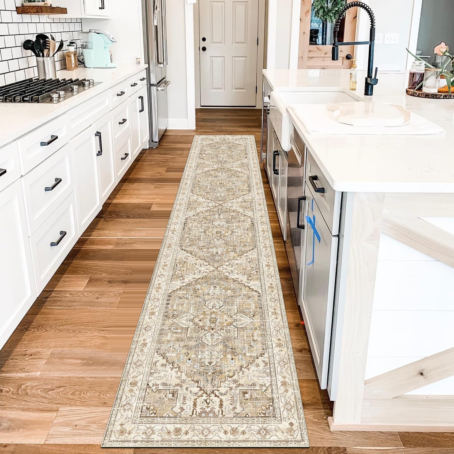 Yamaziot Washable Runner Rug, 2x8 Non-Slip Boho Vintage Hallway Rug Runner with Rubber Backing, Stain Resistant & Low Pile Faux Wool Distressed Carpet Runner for Bedroom, Kitchen, Laundry, Entrance