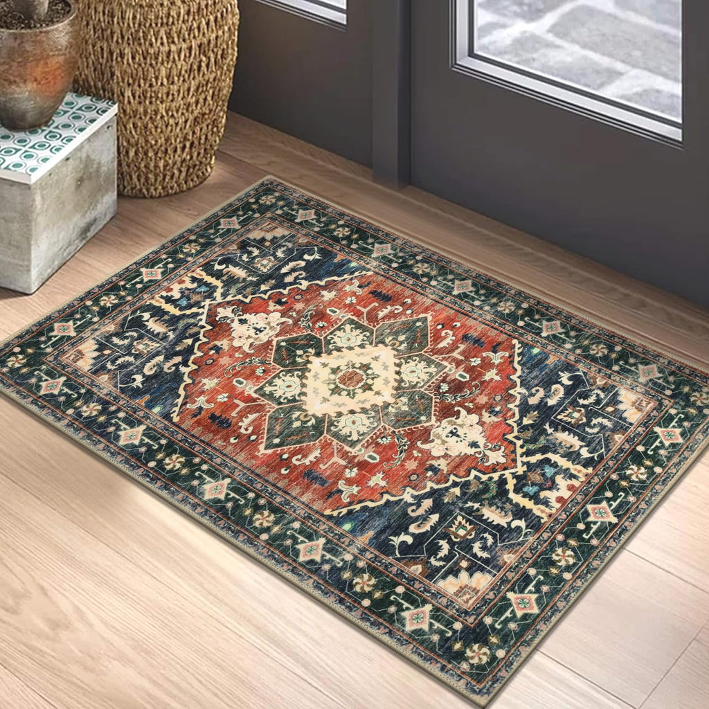 Yamaziot Washable Runner Rug, 2x8 Non-Slip Boho Vintage Hallway Rug Runner with Rubber Backing, Stain Resistant & Low Pile Faux Wool Distressed Carpet Runner for Bedroom, Kitchen, Laundry, Entrance