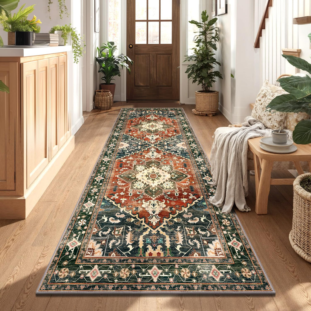 Yamaziot Washable Runner Rug, 2x8 Non-Slip Boho Vintage Hallway Rug Runner with Rubber Backing, Stain Resistant & Low Pile Faux Wool Distressed Carpet Runner for Bedroom, Kitchen, Laundry, Entrance
