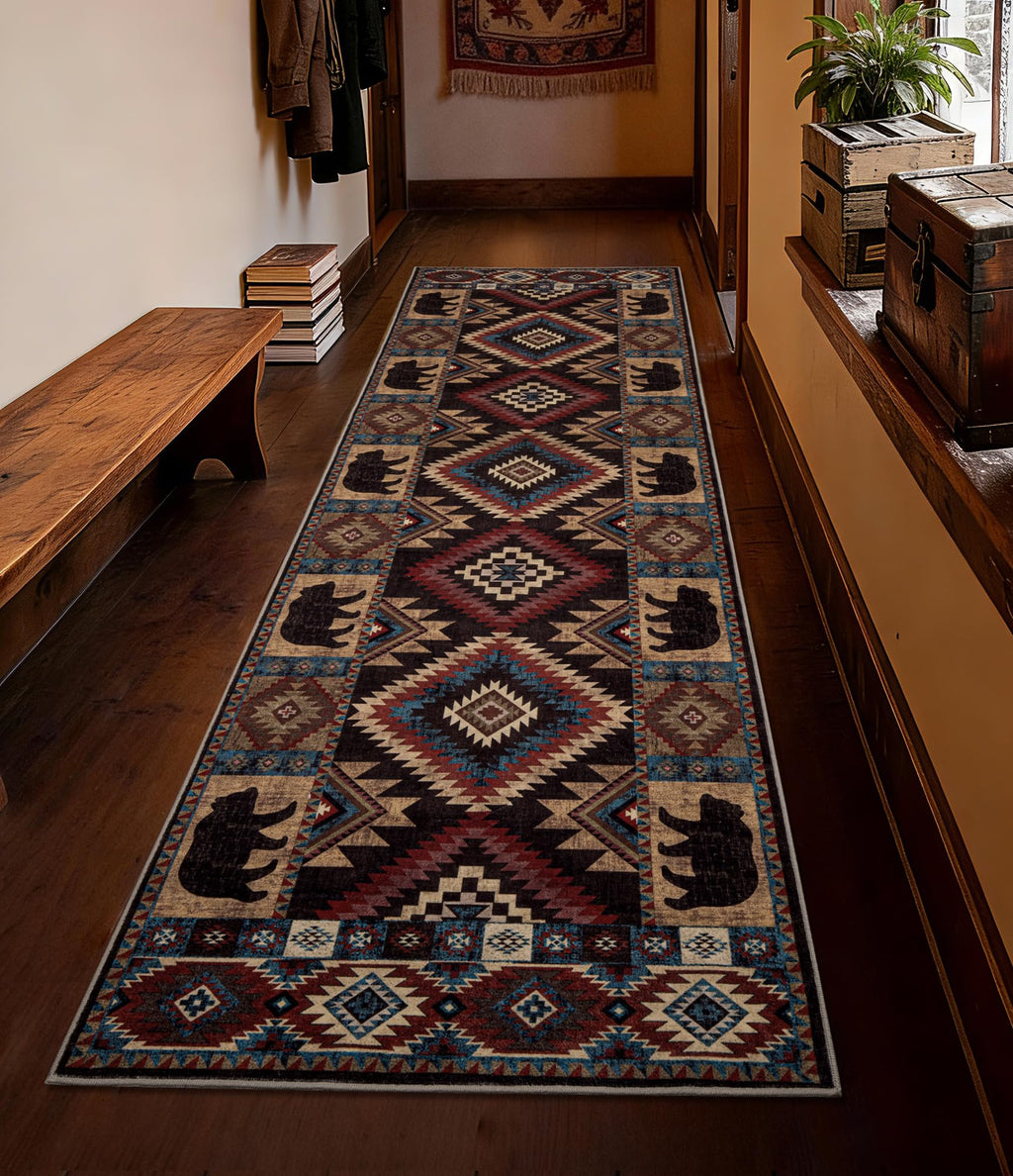 Hallway Runner Rug 2x6 Indoor Door Mat - Bear Rustic Cabin Non-Slip Entryway Rug, Low Pile Tribal Print for Kitchen, Bedroom
