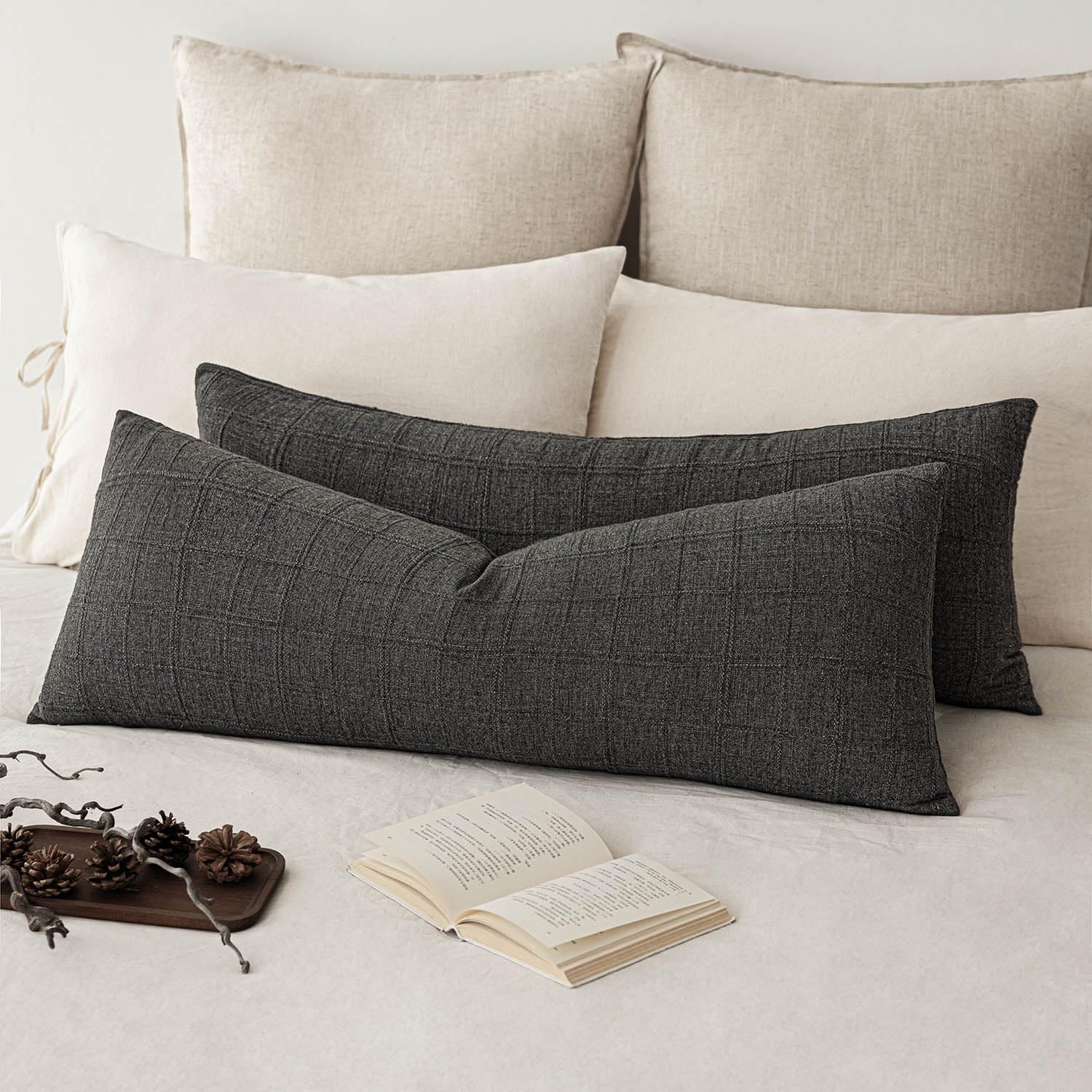 Foindtower Set of 2 Decorative Linen Check Throw Pillow Covers Neutral Farmhouse Vintage Cushion Covers Modern Boho Home Decor for Sofa Chair Couch Bedroom Living Room,18×18 Inch,Natural Beige