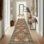 Yamaziot Washable Runner Rug, 2x8 Non-Slip Boho Vintage Hallway Rug Runner with Rubber Backing, Stain Resistant & Low Pile Faux Wool Distressed Carpet Runner for Bedroom, Kitchen, Laundry, Entrance