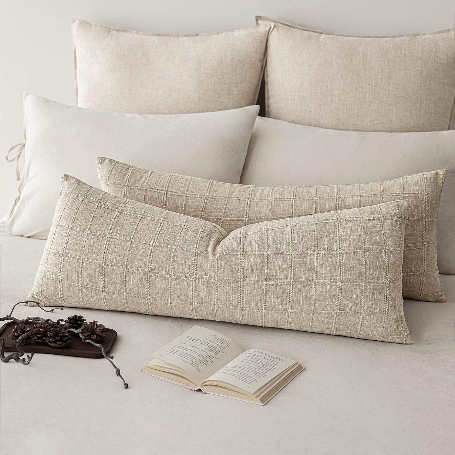 Foindtower Set of 2 Decorative Linen Check Throw Pillow Covers Neutral Farmhouse Vintage Cushion Covers Modern Boho Home Decor for Sofa Chair Couch Bedroom Living Room,18×18 Inch,Natural Beige