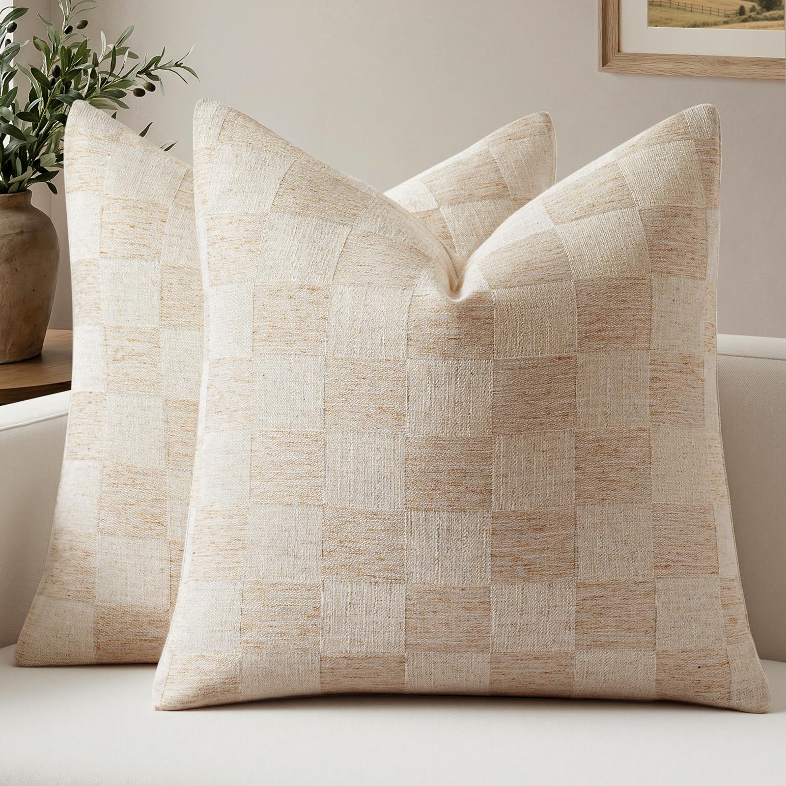 a moment Set of 2 Decorative Linen Throw Pillow Covers,Large Grid Textured Neutral Boho Farmhouse Cushion Covers,Soft Aesthetic Pillowcases for Couch Sofa Living Room Home Decor,20x20 Inch,Beige
