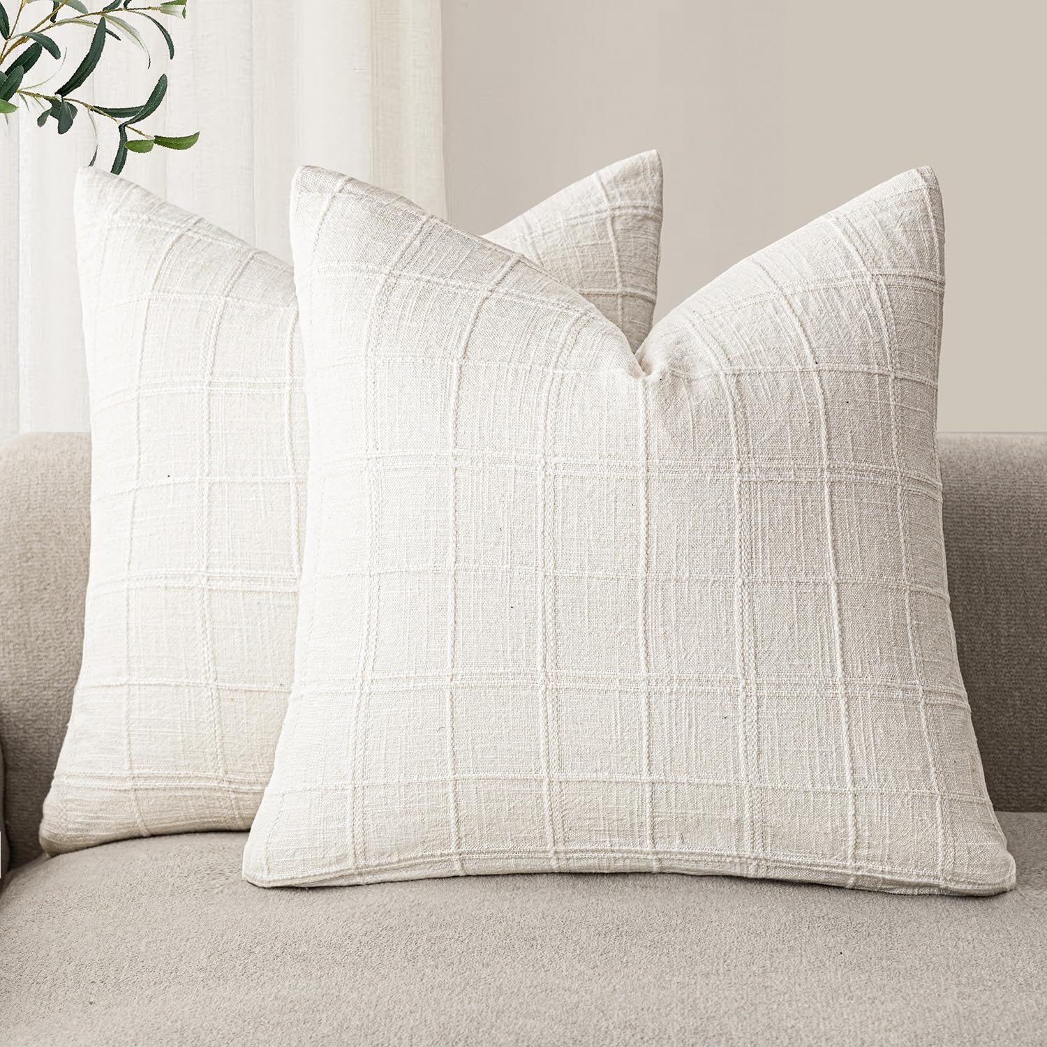 Foindtower Set of 2 Decorative Linen Check Throw Pillow Covers Neutral Farmhouse Vintage Cushion Covers Modern Boho Home Decor for Sofa Chair Couch Bedroom Living Room,18×18 Inch,Natural Beige