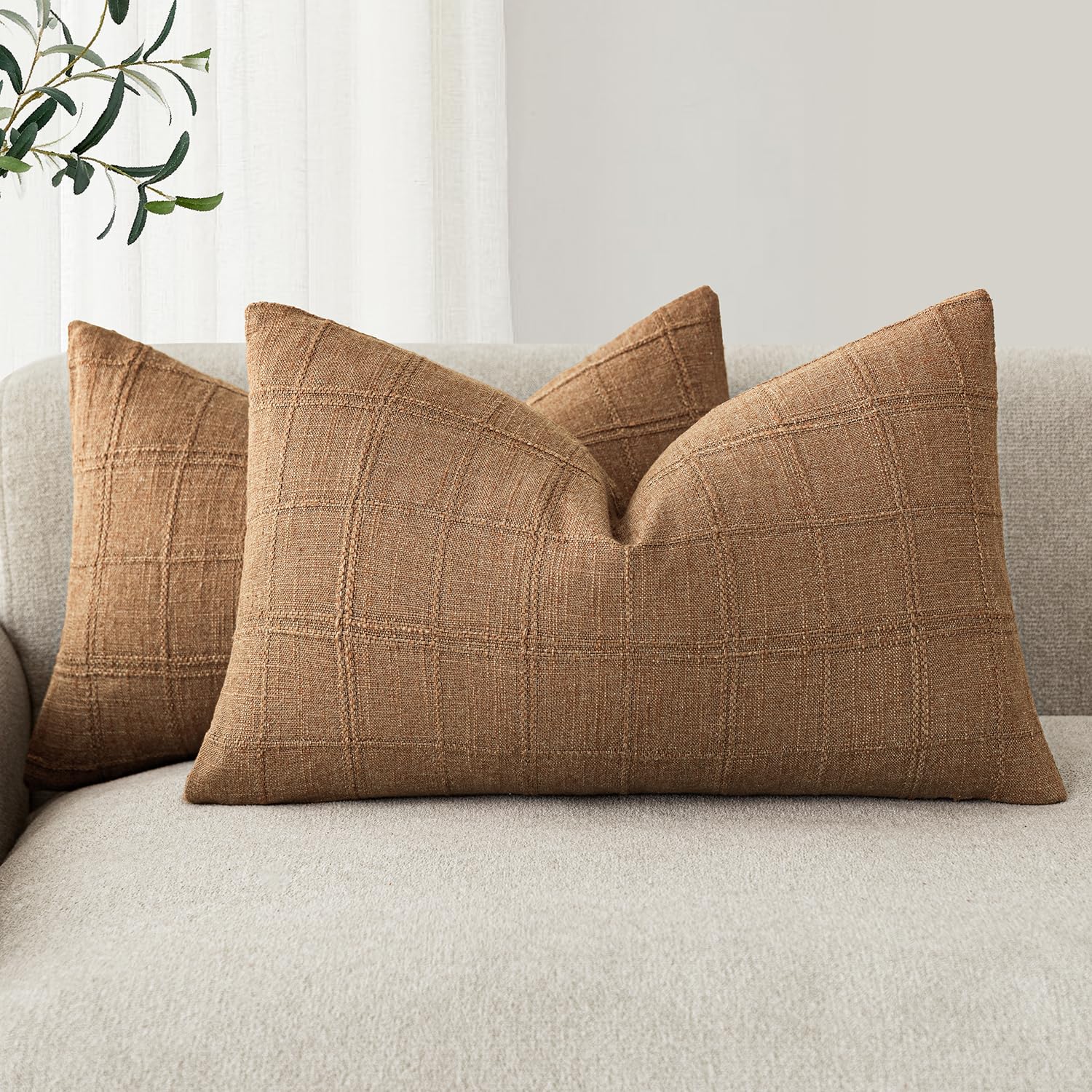 Foindtower Set of 2 Decorative Linen Check Throw Pillow Covers Neutral Farmhouse Vintage Cushion Covers Modern Boho Home Decor for Sofa Chair Couch Bedroom Living Room,18×18 Inch,Natural Beige