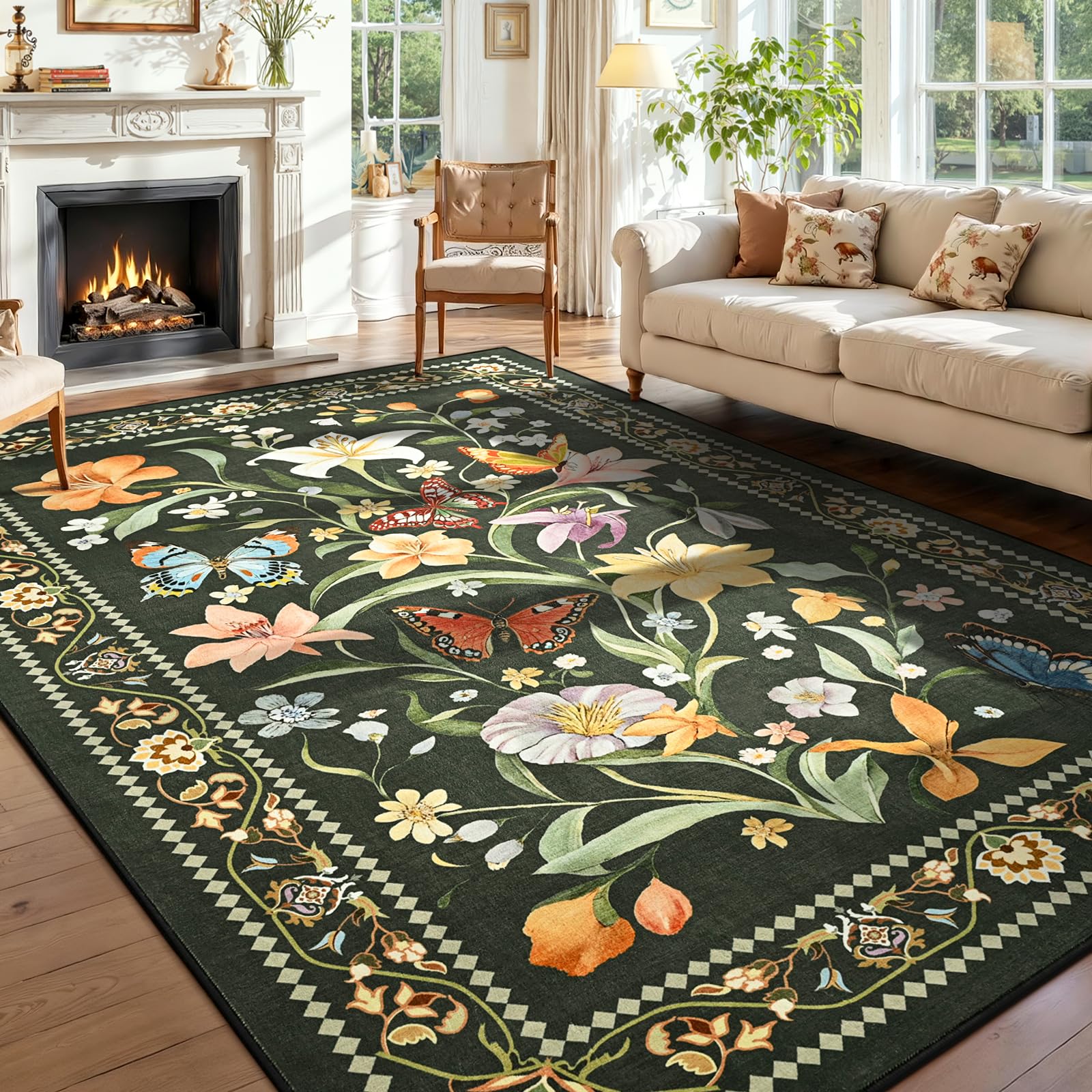 2x6 Washable Runners for Hallways Non Slip, Black Floral Kitchen Runner Rug with Rubber Backing, Vintage Carpet Runner for Entryway, Kitchen, Laundry, Bedroom, Bathroom