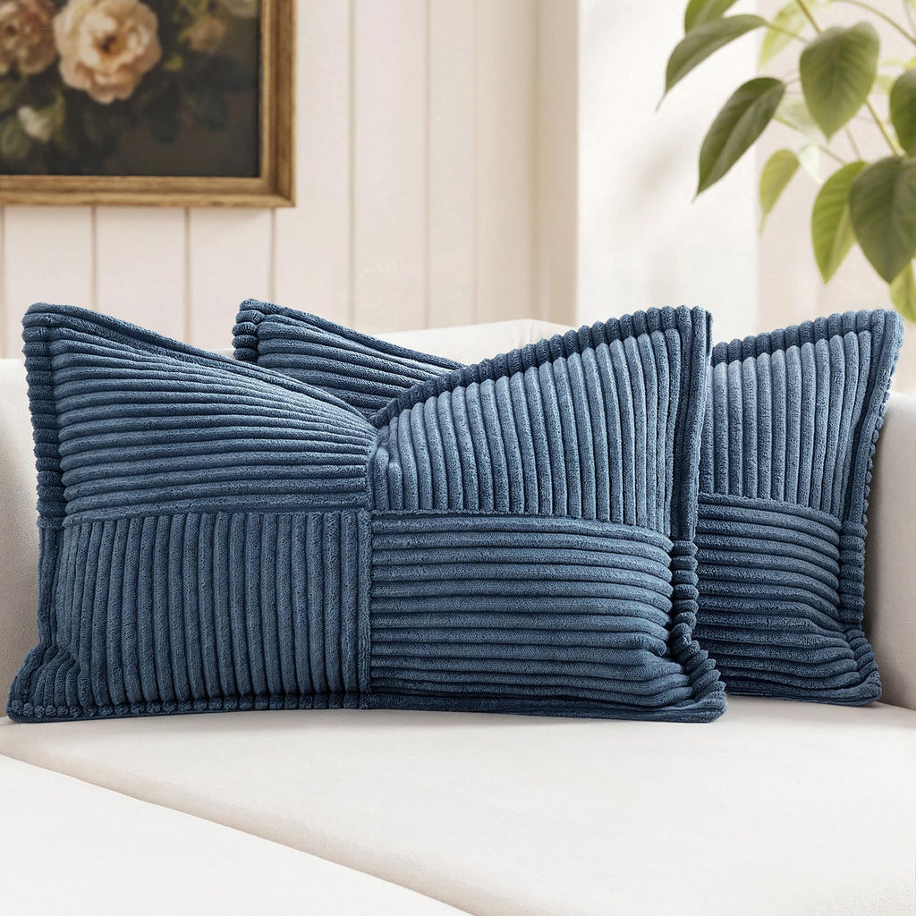 MIULEE Decorative Throw Pillow Covers for Couch Bed Livingroom 20x20 Inch Set of 2 Beige Boho Accent Throw Pllows Broadside Striped Patchwork Soft Corduroy Pillowcases