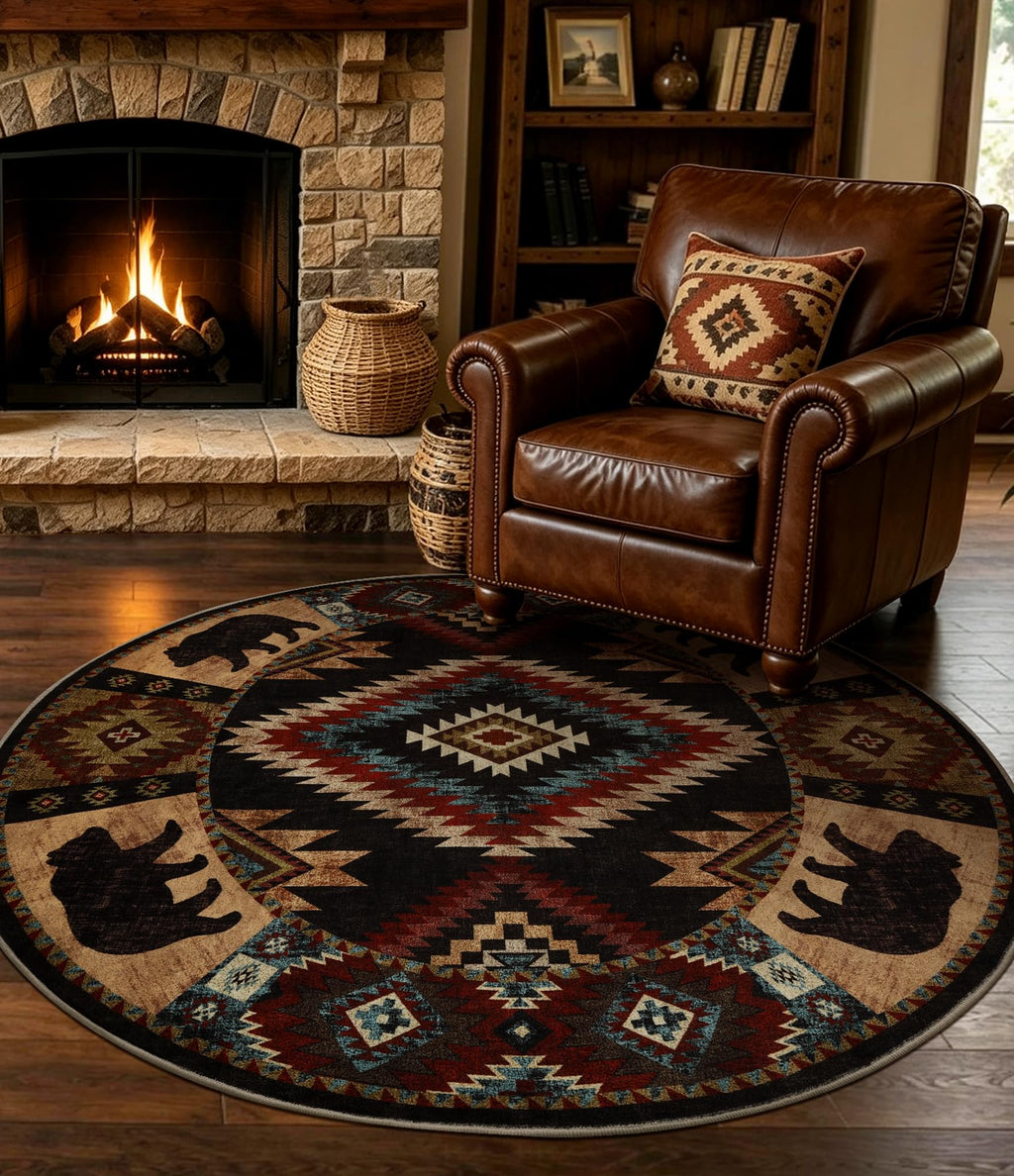 Hallway Runner Rug 2x6 Indoor Door Mat - Bear Rustic Cabin Non-Slip Entryway Rug, Low Pile Tribal Print for Kitchen, Bedroom