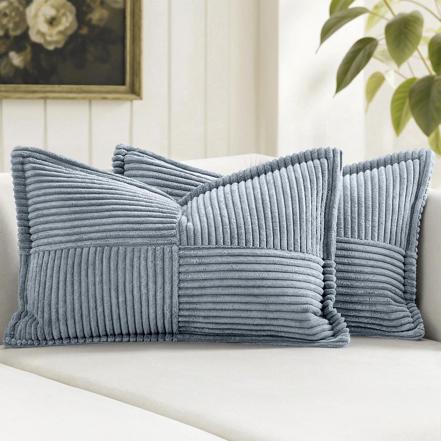 MIULEE Decorative Throw Pillow Covers for Couch Bed Livingroom 20x20 Inch Set of 2 Beige Boho Accent Throw Pllows Broadside Striped Patchwork Soft Corduroy Pillowcases