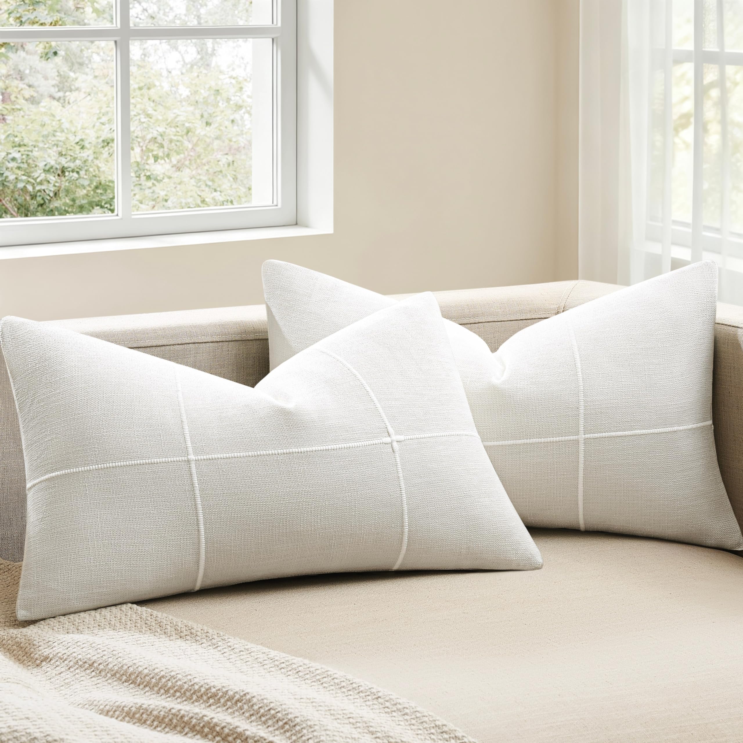 2 Packs Grid Embroidery Throw Pillow Covers, 18x18 Inch Light Grey, Farmhouse Linen Decorative Grey Cushion Covers for Sofa Bed Living Room Home Decor
