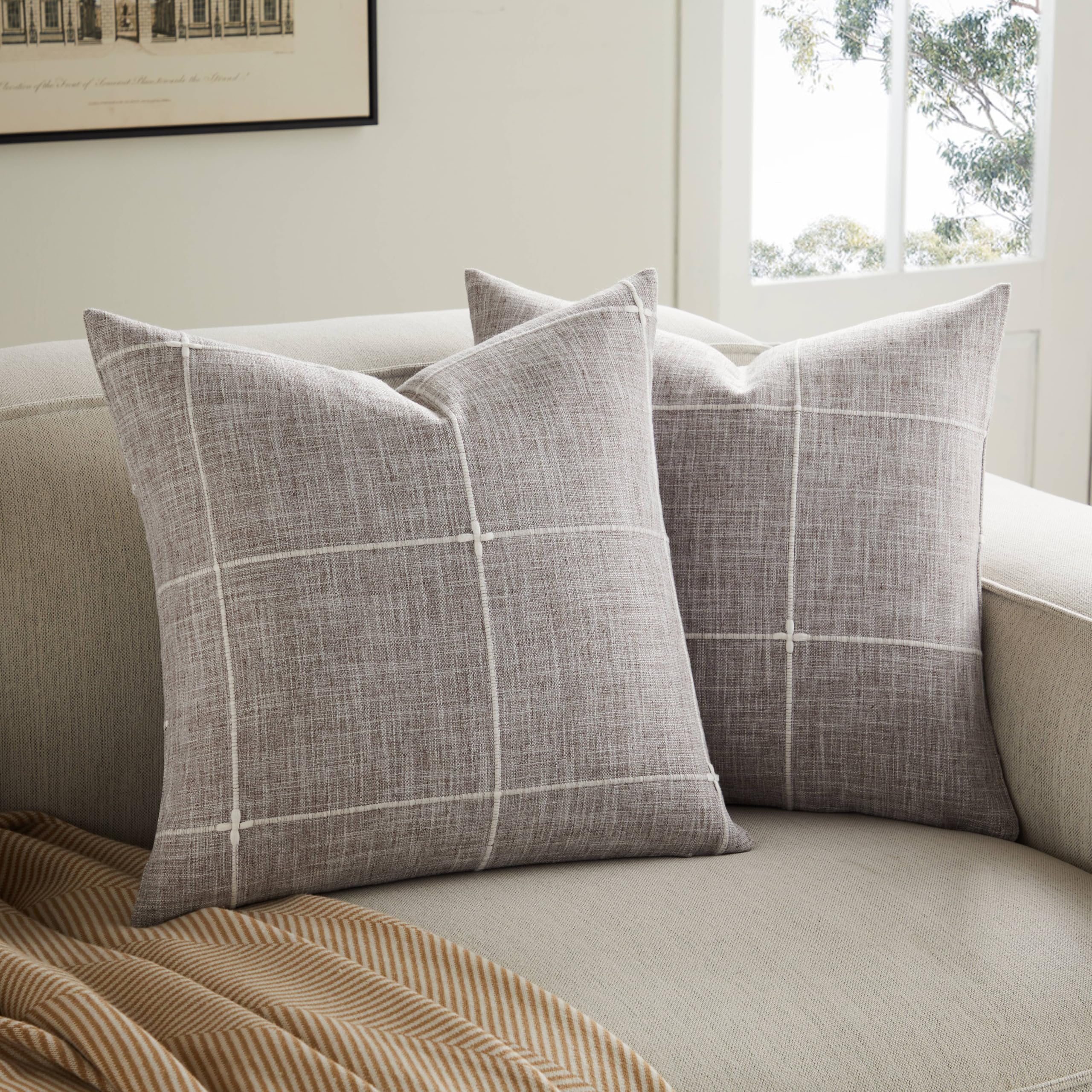 2 Packs Grid Embroidery Throw Pillow Covers, 18x18 Inch Light Sage Green, Farmhouse Linen Decorative Light Green Cushion Covers for Sofa Bed Living Room Home Decor