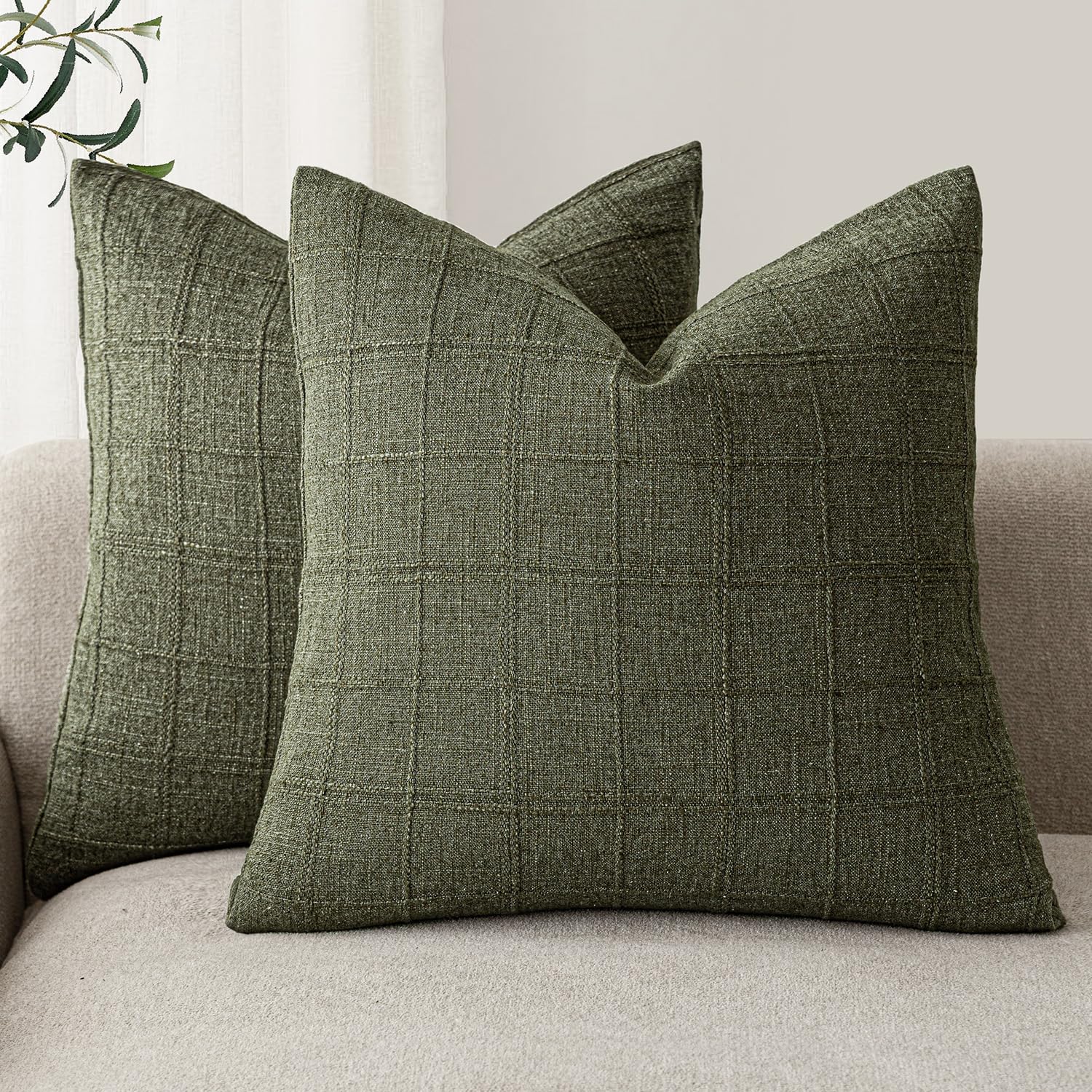 Foindtower Set of 2 Decorative Linen Check Throw Pillow Covers Neutral Farmhouse Vintage Cushion Covers Modern Boho Home Decor for Sofa Chair Couch Bedroom Living Room,18×18 Inch,Natural Beige