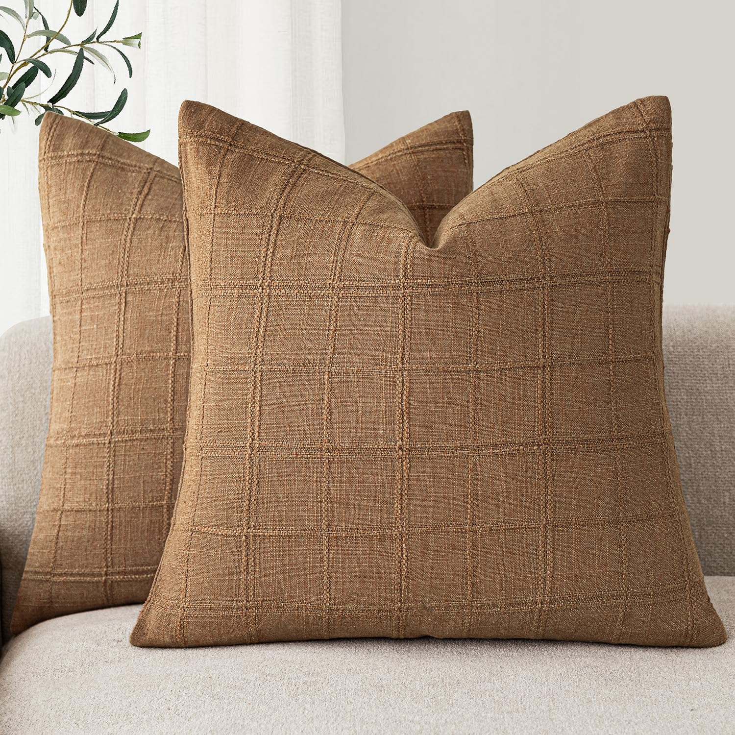 Foindtower Set of 2 Decorative Linen Check Throw Pillow Covers Neutral Farmhouse Vintage Cushion Covers Modern Boho Home Decor for Sofa Chair Couch Bedroom Living Room,18×18 Inch,Natural Beige