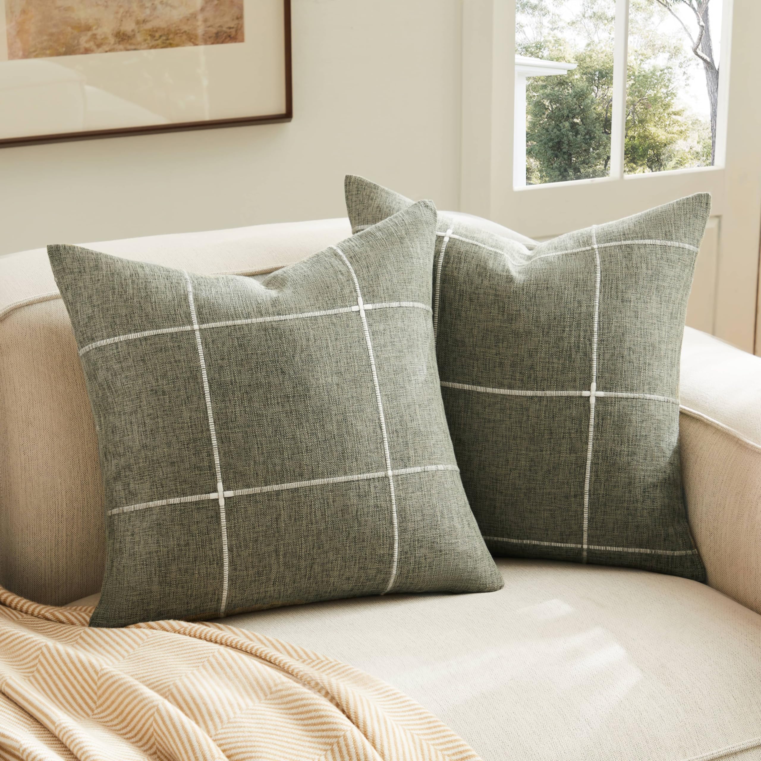 2 Packs Grid Embroidery Throw Pillow Covers, 18x18 Inch Light Grey, Farmhouse Linen Decorative Grey Cushion Covers for Sofa Bed Living Room Home Decor