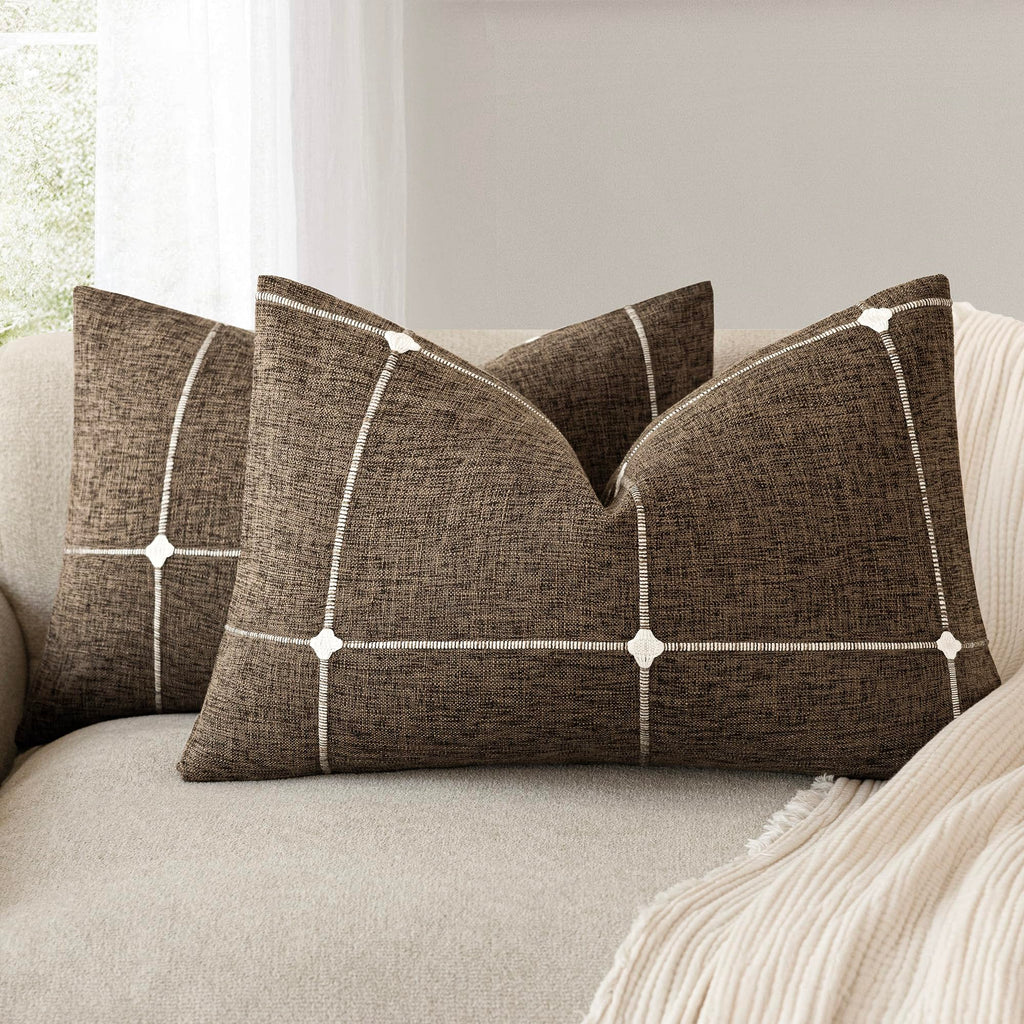 Foindtower Pack of 2 Decorative Faux Linen Jacquard Check Throw Pillow Covers Farmhouse Cushion Cover with Grid Textured Accent Pillowcase for Couch Sofa Living Room Home Decor,20×20 Inch,Olive Green