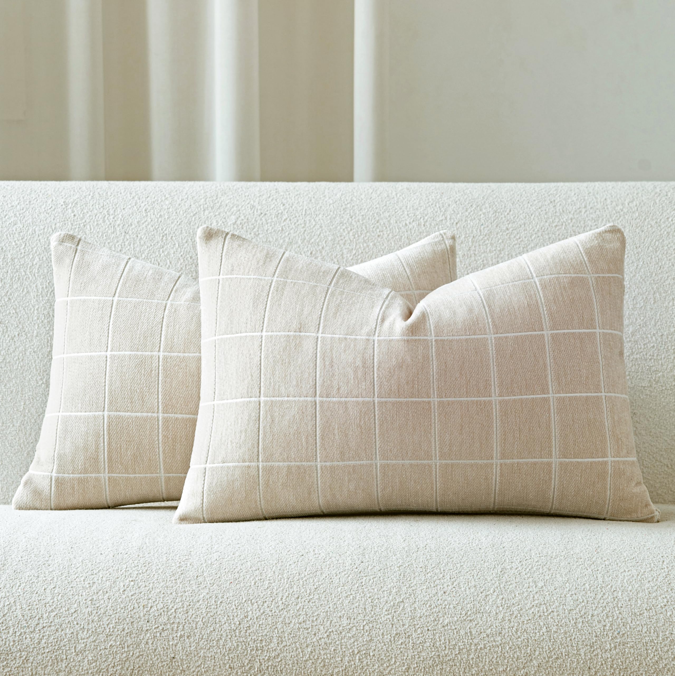 Decorative Chenille Plaid Throw Pillow Covers 18x18 Inch Set of 2 Vintage Check Couch Pillows Neutral Boho Farmhouse Cushion Covers Modern Home Decor for Sofa Bed Living Room Taupe Grey