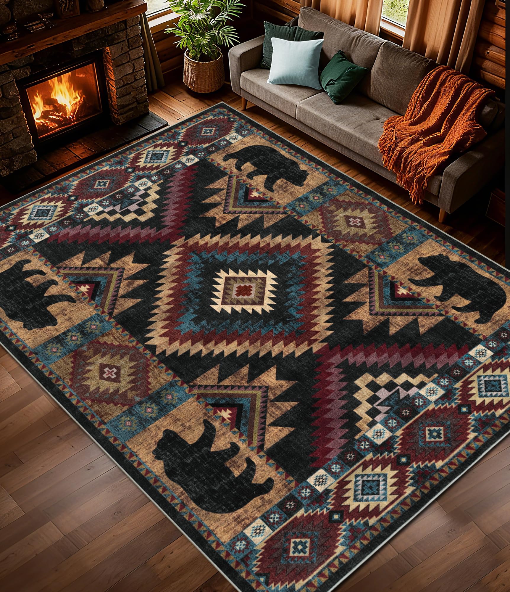Hallway Runner Rug 2x6 Indoor Door Mat - Bear Rustic Cabin Non-Slip Entryway Rug, Low Pile Tribal Print for Kitchen, Bedroom