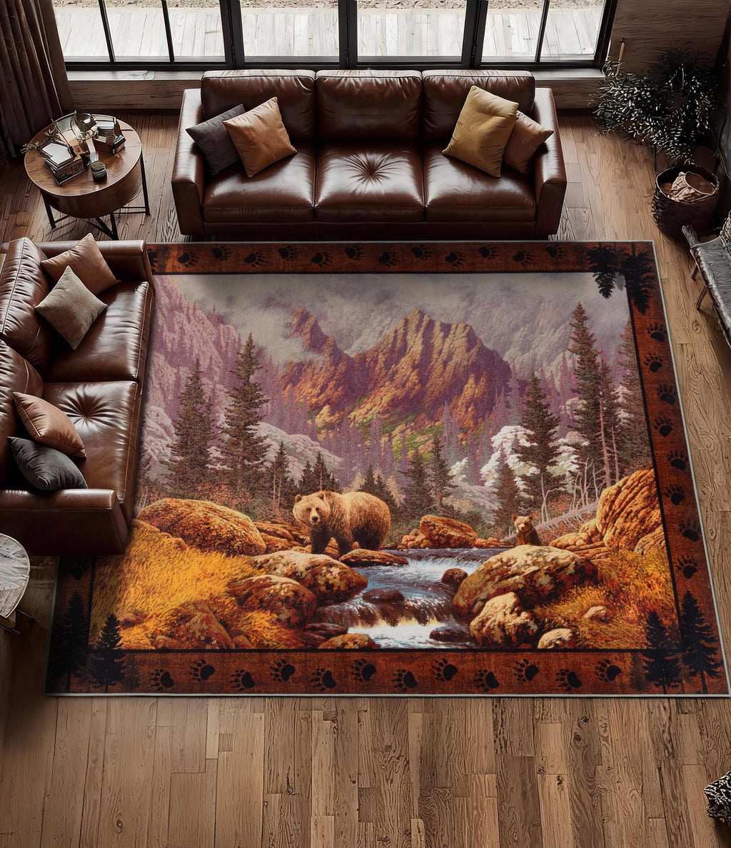 Hallway Runner Rug 2x6 Indoor Door Mat - Bear Rustic Cabin Non-Slip Entryway Rug, Low Pile Tribal Print for Kitchen, Bedroom
