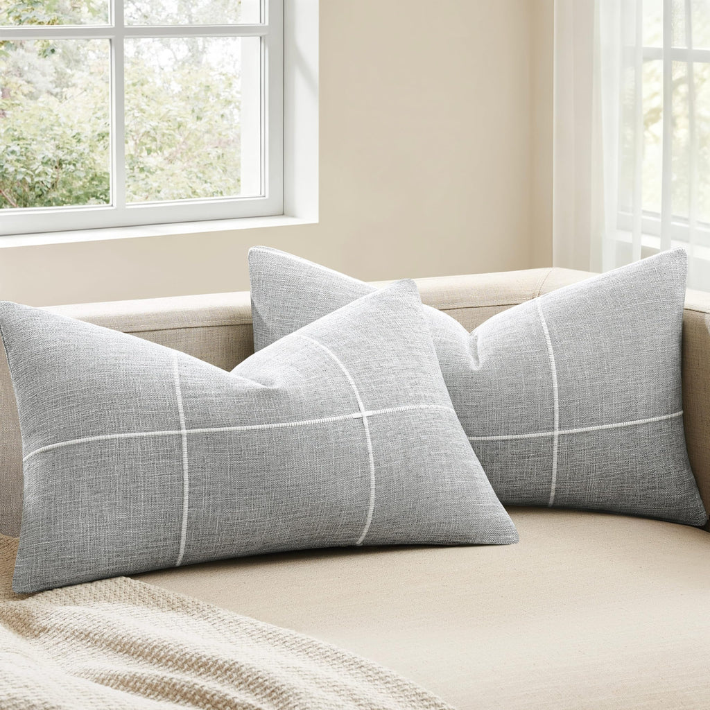 2 Packs Grid Embroidery Throw Pillow Covers, 18x18 Inch Light Grey, Farmhouse Linen Decorative Grey Cushion Covers for Sofa Bed Living Room Home Decor