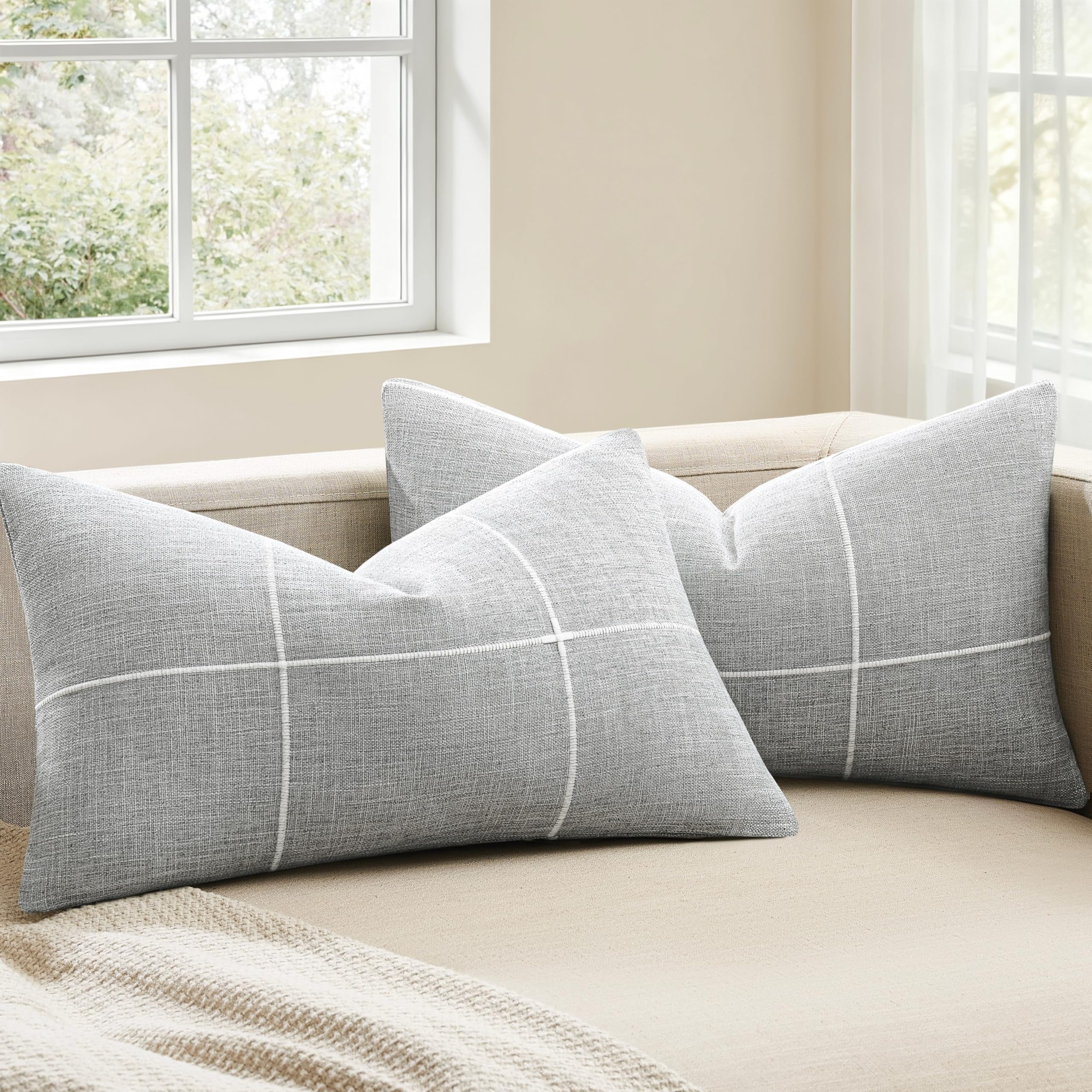 2 Packs Grid Embroidery Throw Pillow Covers, 18x18 Inch Light Grey, Farmhouse Linen Decorative Grey Cushion Covers for Sofa Bed Living Room Home Decor