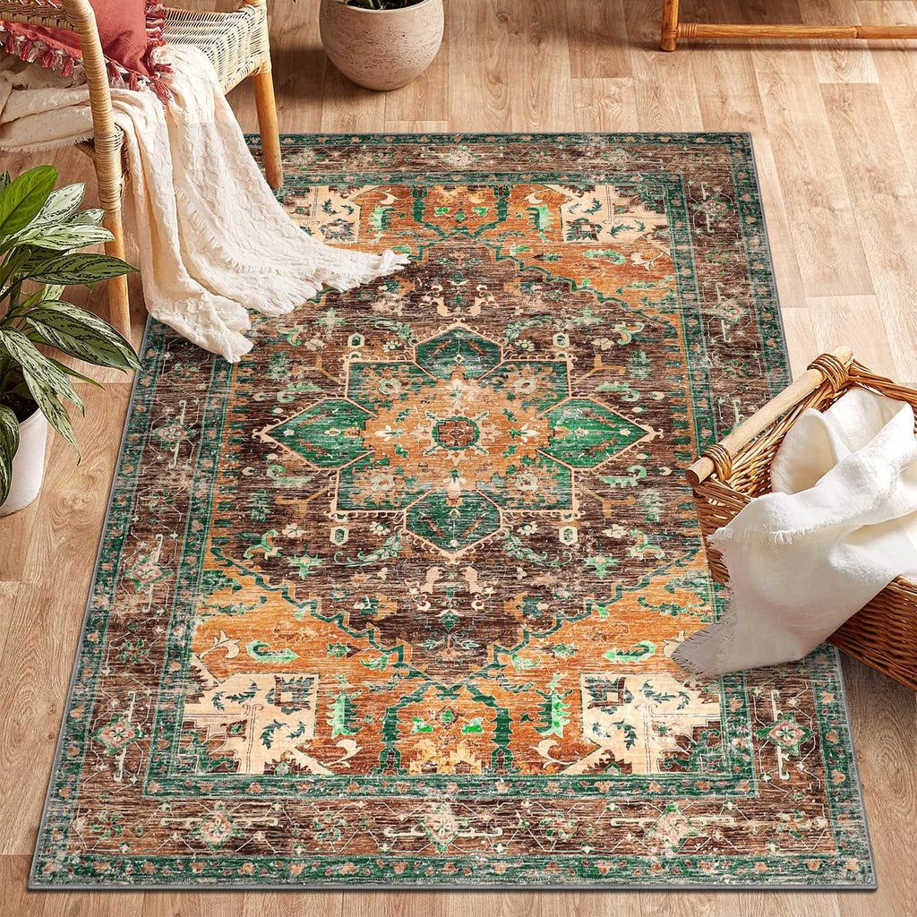 Yamaziot Washable Runner Rug, 2x8 Non-Slip Boho Vintage Hallway Rug Runner with Rubber Backing, Stain Resistant & Low Pile Faux Wool Distressed Carpet Runner for Bedroom, Kitchen, Laundry, Entrance