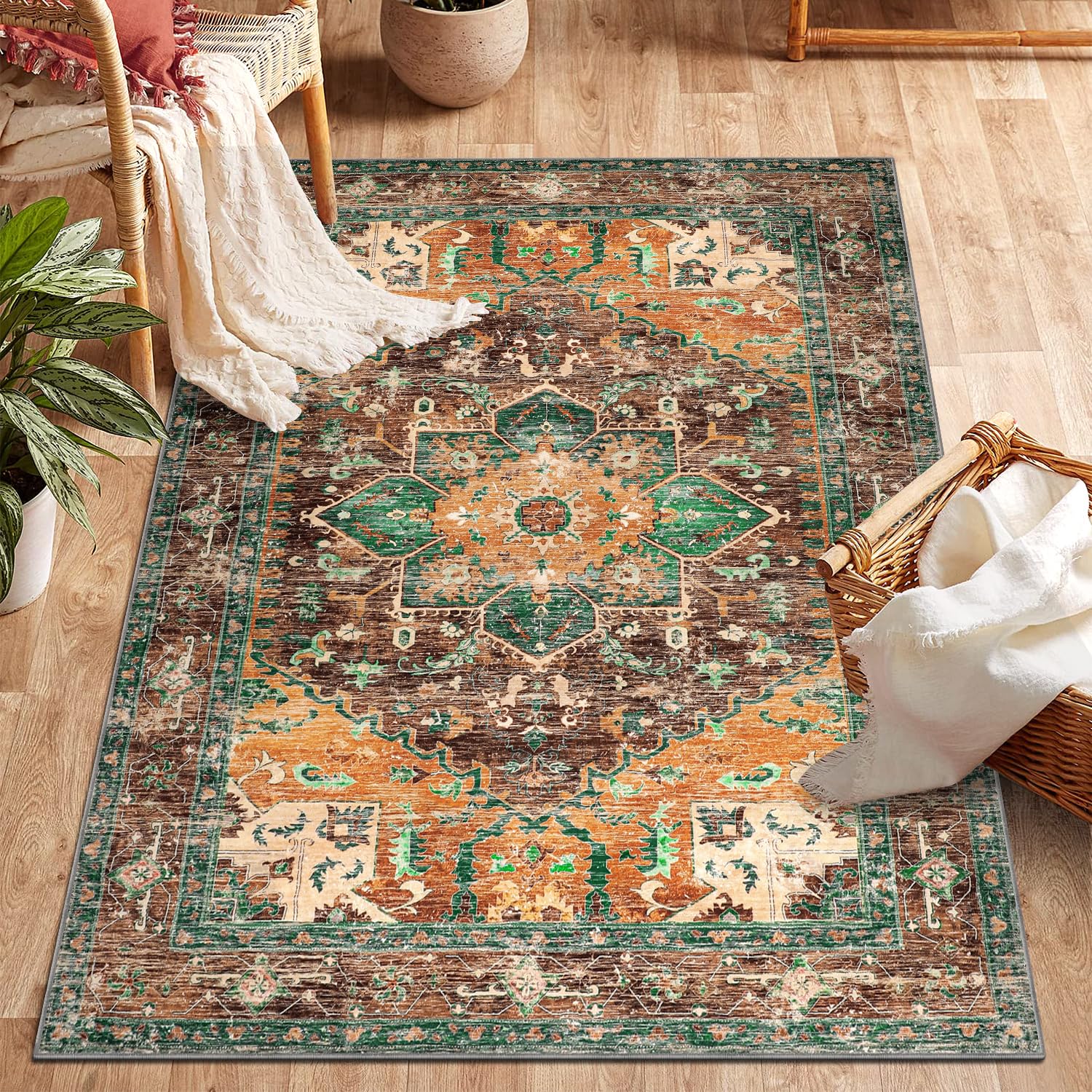 Yamaziot Washable Runner Rug, 2x8 Non-Slip Boho Vintage Hallway Rug Runner with Rubber Backing, Stain Resistant & Low Pile Faux Wool Distressed Carpet Runner for Bedroom, Kitchen, Laundry, Entrance