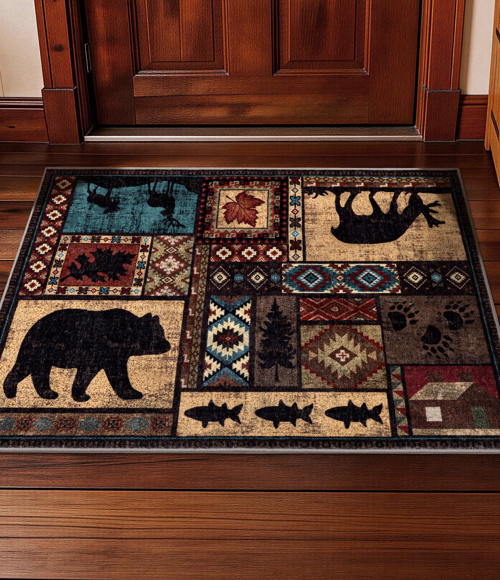 Hallway Runner Rug 2x6 Indoor Door Mat - Bear Rustic Cabin Non-Slip Entryway Rug, Low Pile Tribal Print for Kitchen, Bedroom