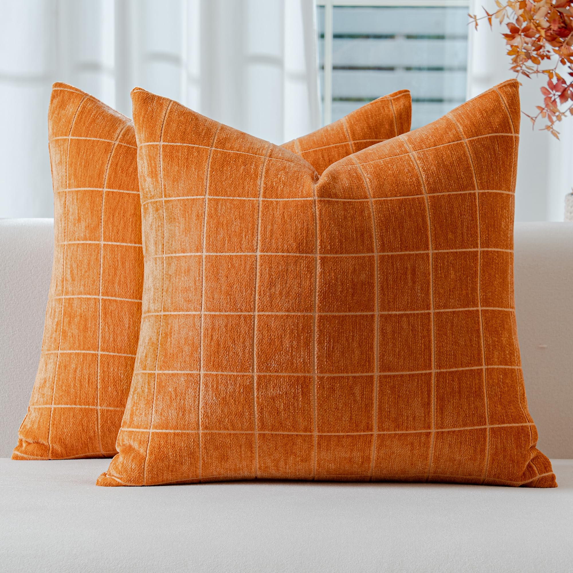 Decorative Chenille Plaid Throw Pillow Covers 18x18 Inch Set of 2 Vintage Check Couch Pillows Neutral Boho Farmhouse Cushion Covers Modern Home Decor for Sofa Bed Living Room Taupe Grey