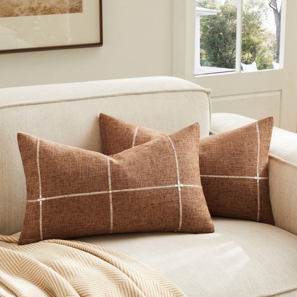 2 Packs Grid Embroidery Throw Pillow Covers, 18x18 Inch Light Grey, Farmhouse Linen Decorative Grey Cushion Covers for Sofa Bed Living Room Home Decor