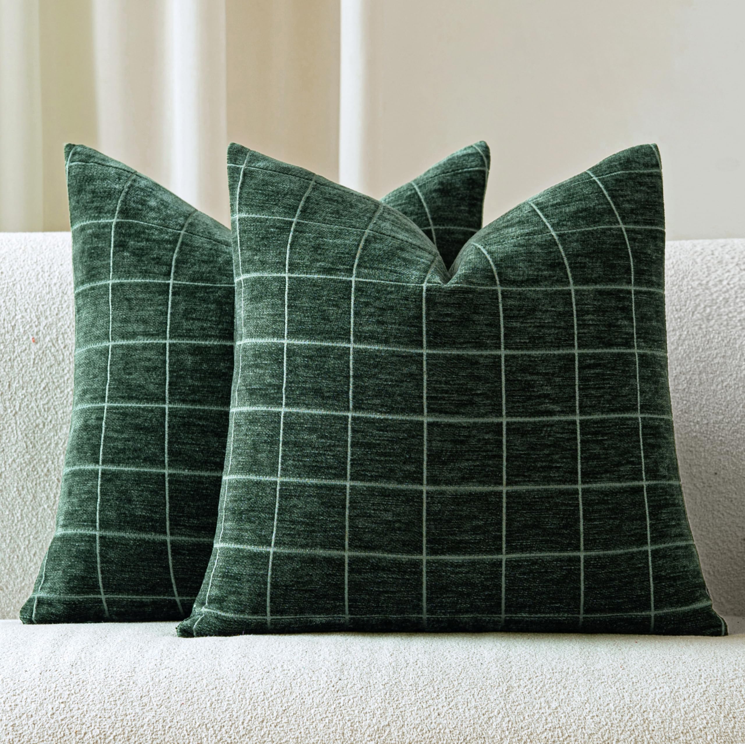 Decorative Chenille Plaid Throw Pillow Covers 18x18 Inch Set of 2 Vintage Check Couch Pillows Neutral Boho Farmhouse Cushion Covers Modern Home Decor for Sofa Bed Living Room Taupe Grey