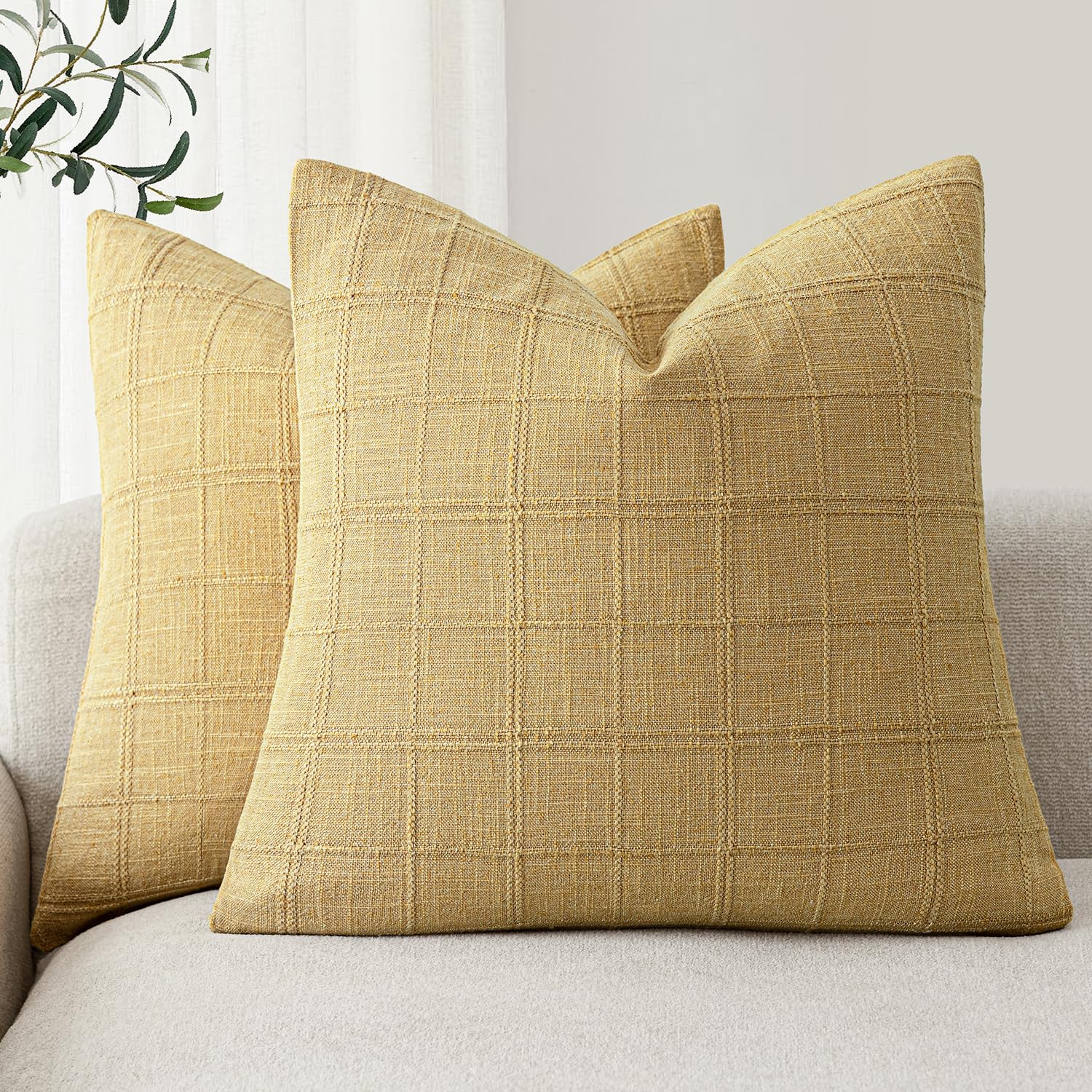 Foindtower Set of 2 Decorative Linen Check Throw Pillow Covers Neutral Farmhouse Vintage Cushion Covers Modern Boho Home Decor for Sofa Chair Couch Bedroom Living Room,18×18 Inch,Natural Beige